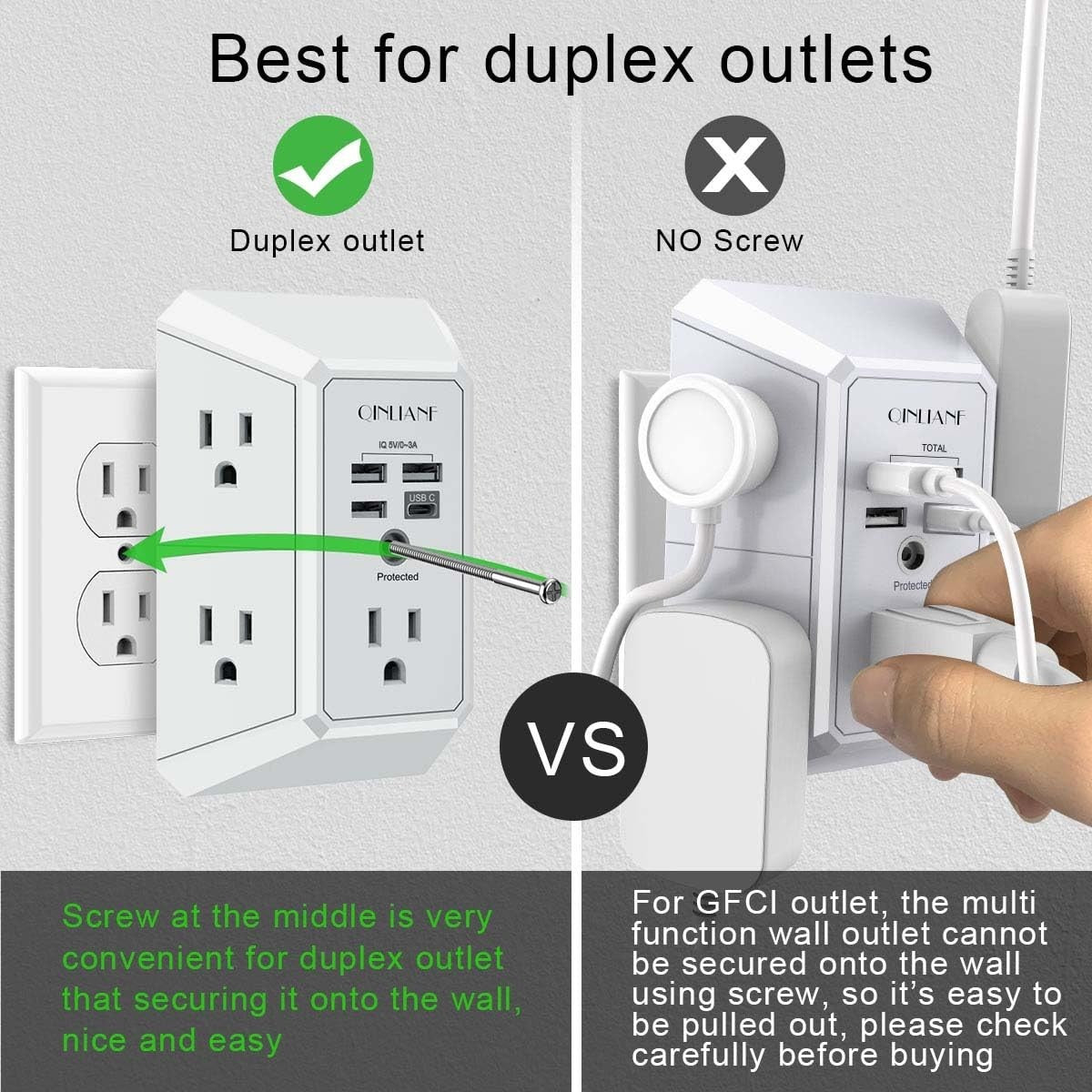 5 Outlet Wall Charger Surge Protector with 4 USB Ports, 3 Sided Power Strip for3