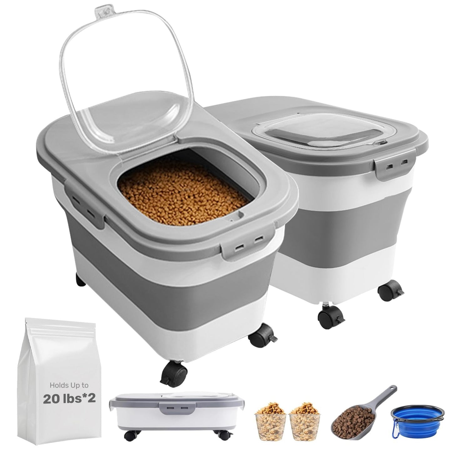 Collapsible Dog Food Storage Container 20LB - 2 Pack with Travel Bowl & Scoop, K1