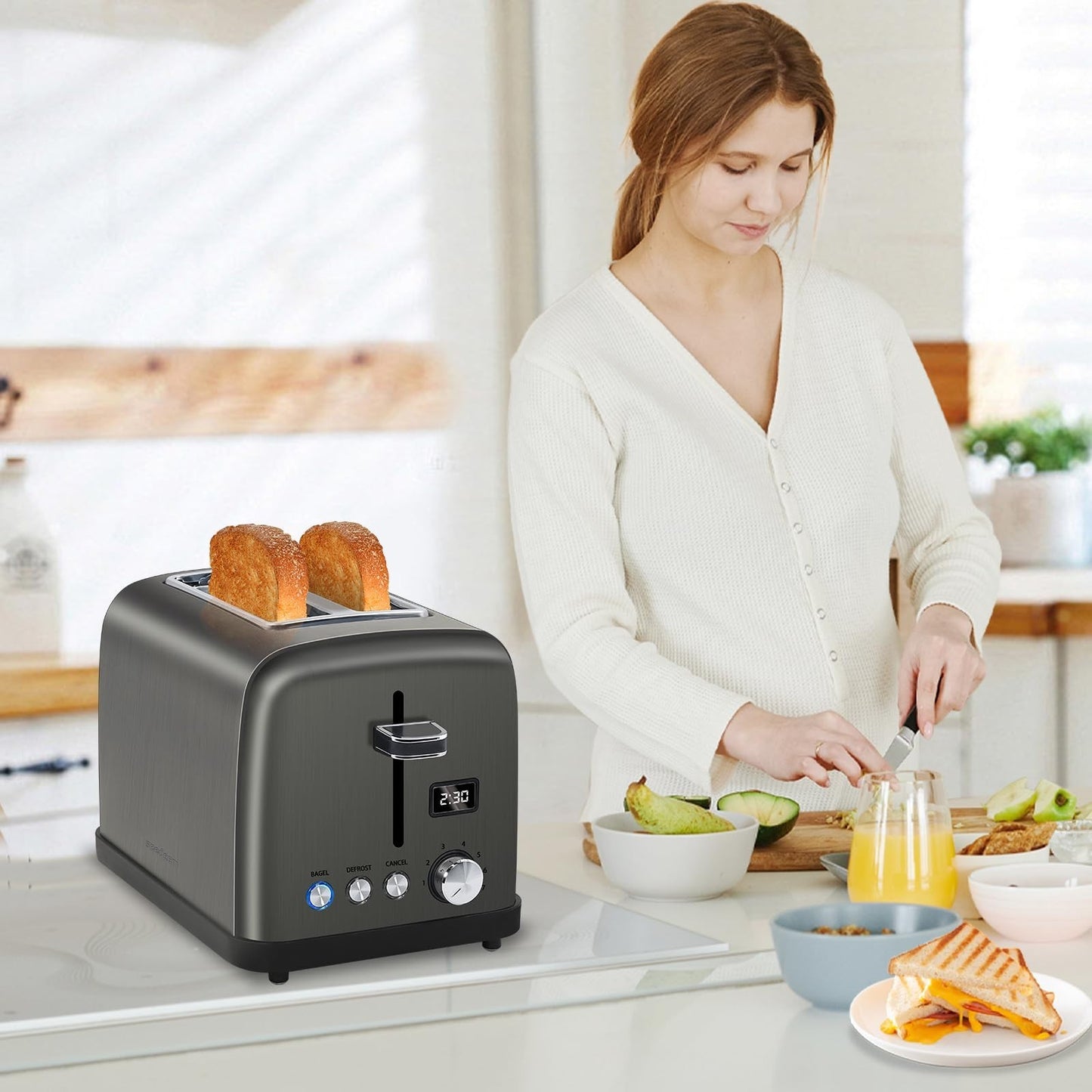 2 Slice Digital Toaster with LCD Display, 7 Shade Settings, 1.4'' Slots, Stainle2
