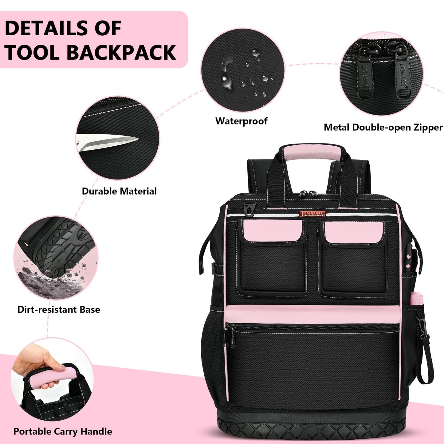 Pink Tool Bag for Women   Waterproof Wide Open Tool Backpack with Double Zipper,3