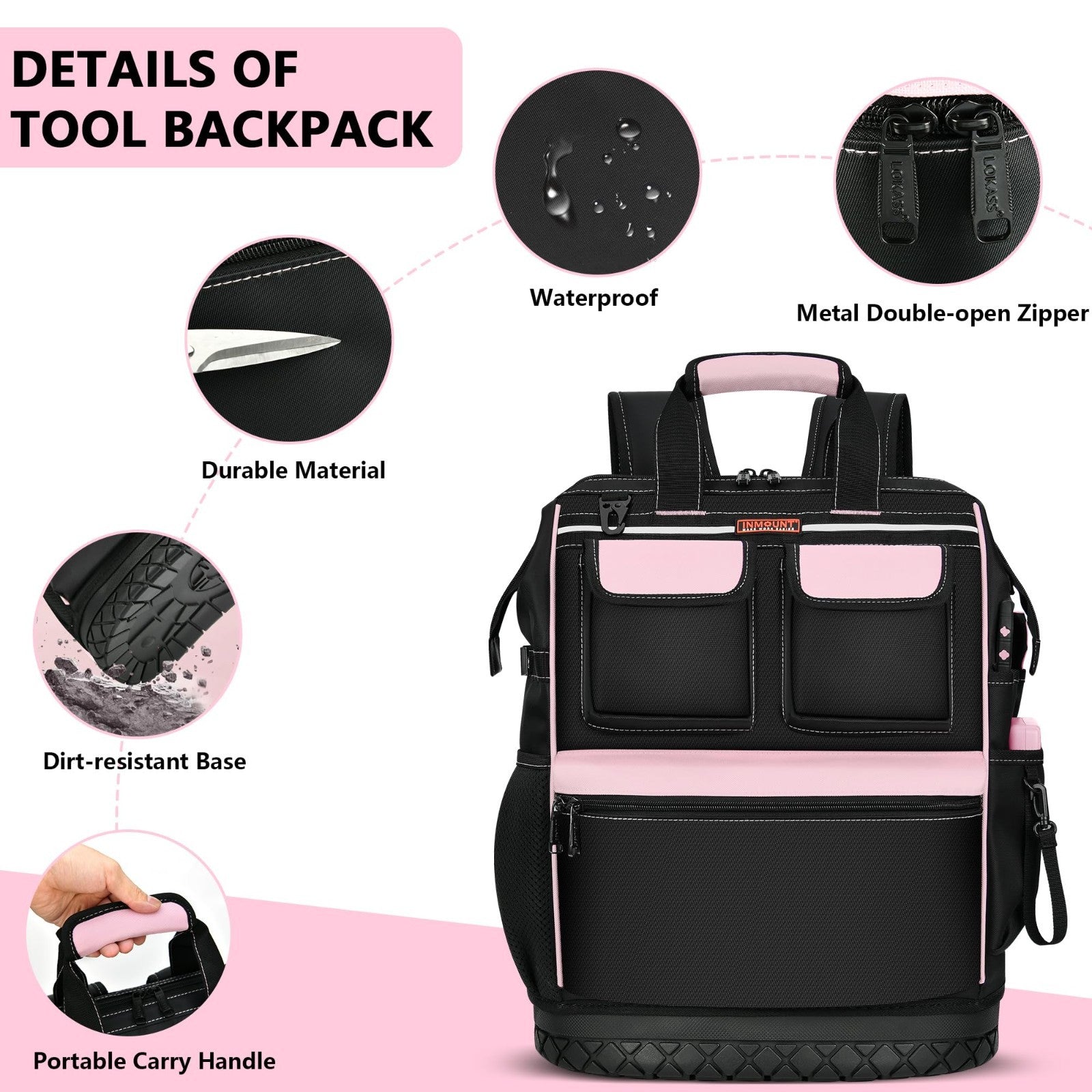 Pink Tool Bag for Women   Waterproof Wide Open Tool Backpack with Double Zipper,3