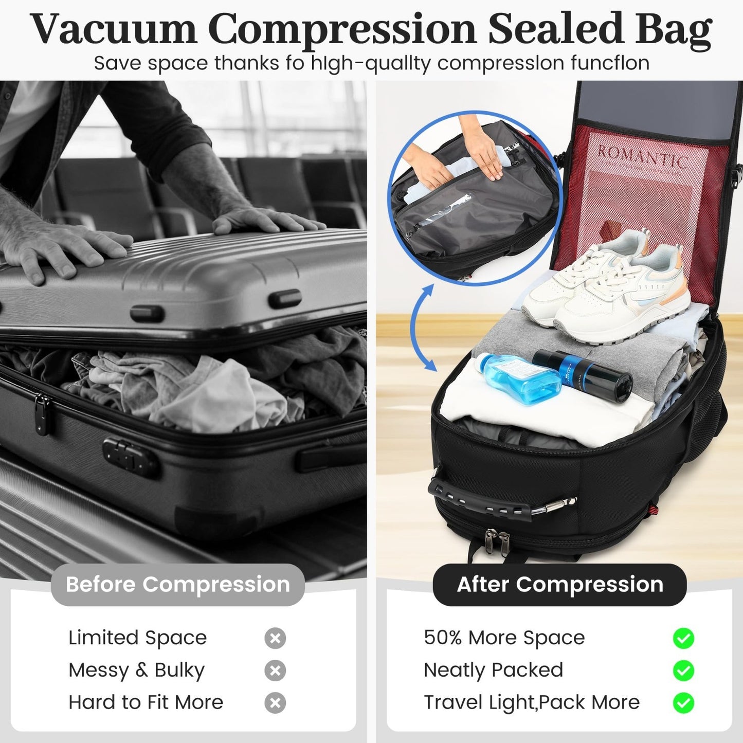 Large 55L Vacuum Seal Backpack for Travel with Pump, Waterproof Carry On Bag3