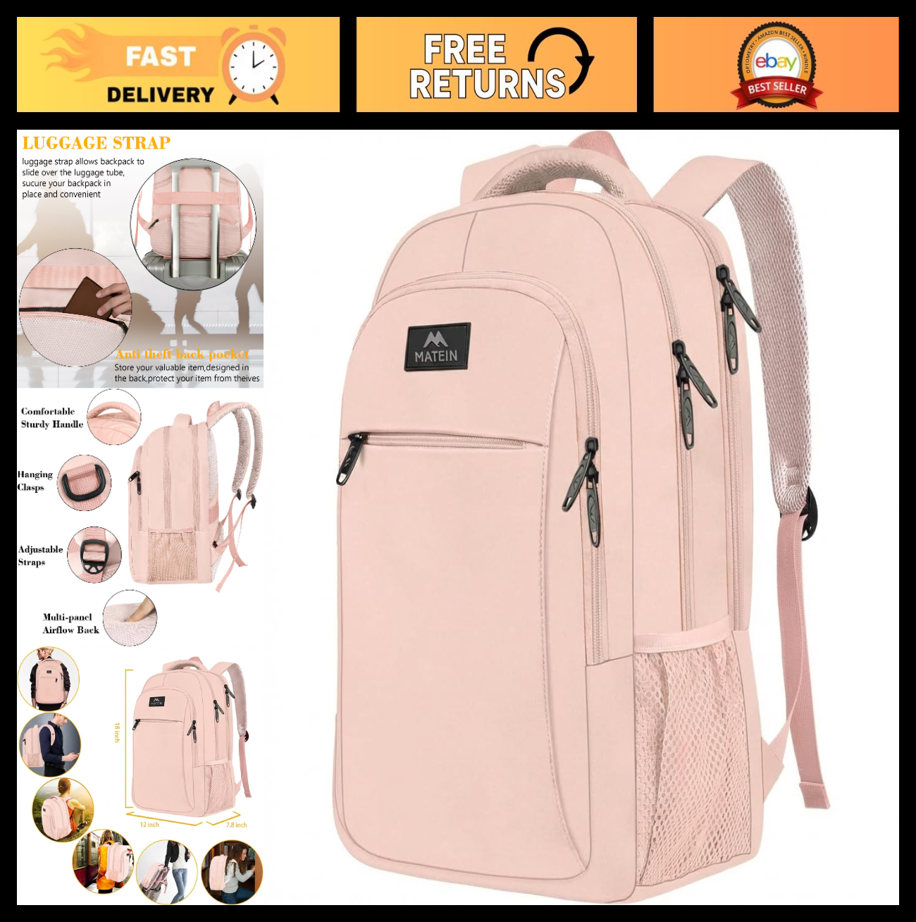 Cute Pink 15.6 Inch Laptop Backpack, Stylish Travel Bag for Women, School & Work0