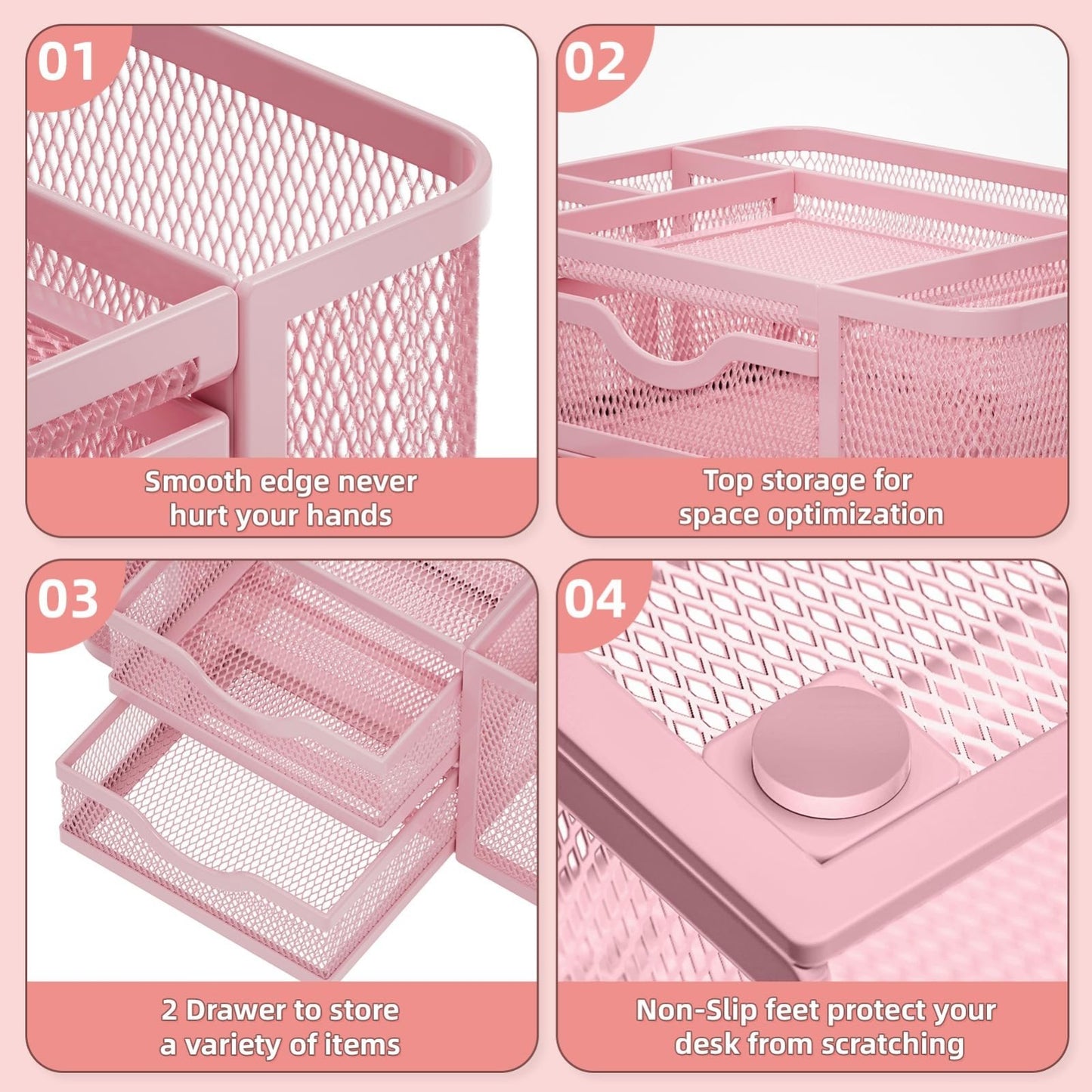 Multi Functional Mesh Desk Organizer with 2 Drawers, 5 Compartments   Pink Penci4