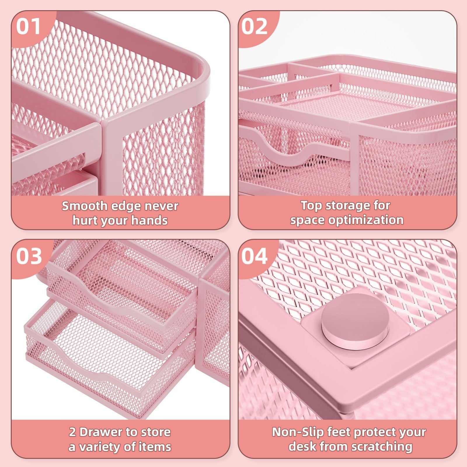 Multi Functional Mesh Desk Organizer with 2 Drawers, 5 Compartments   Pink Penci4