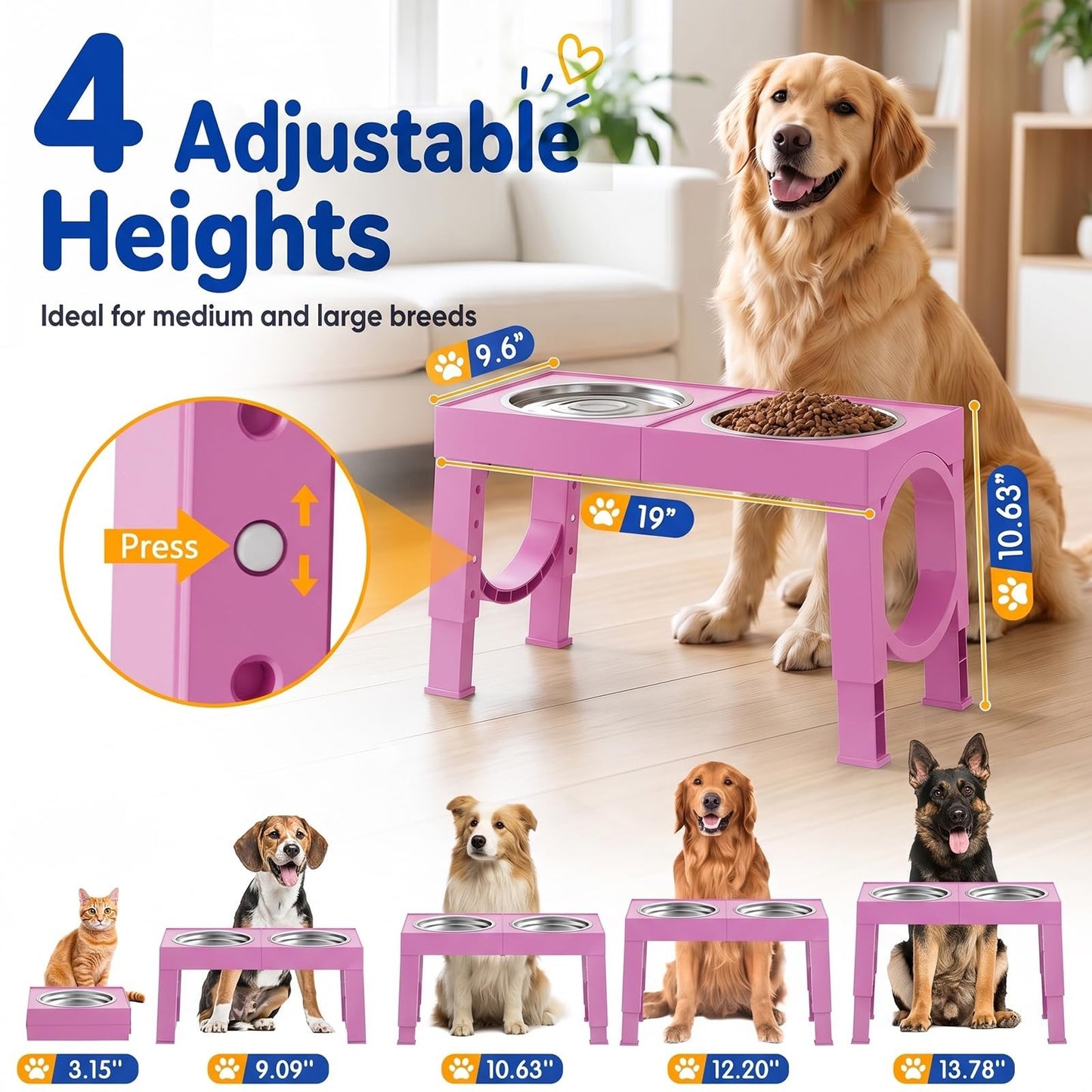 Elevated Dog Bowls for Large Breeds   Adjustable Stainless Steel Feeder Stand, 52