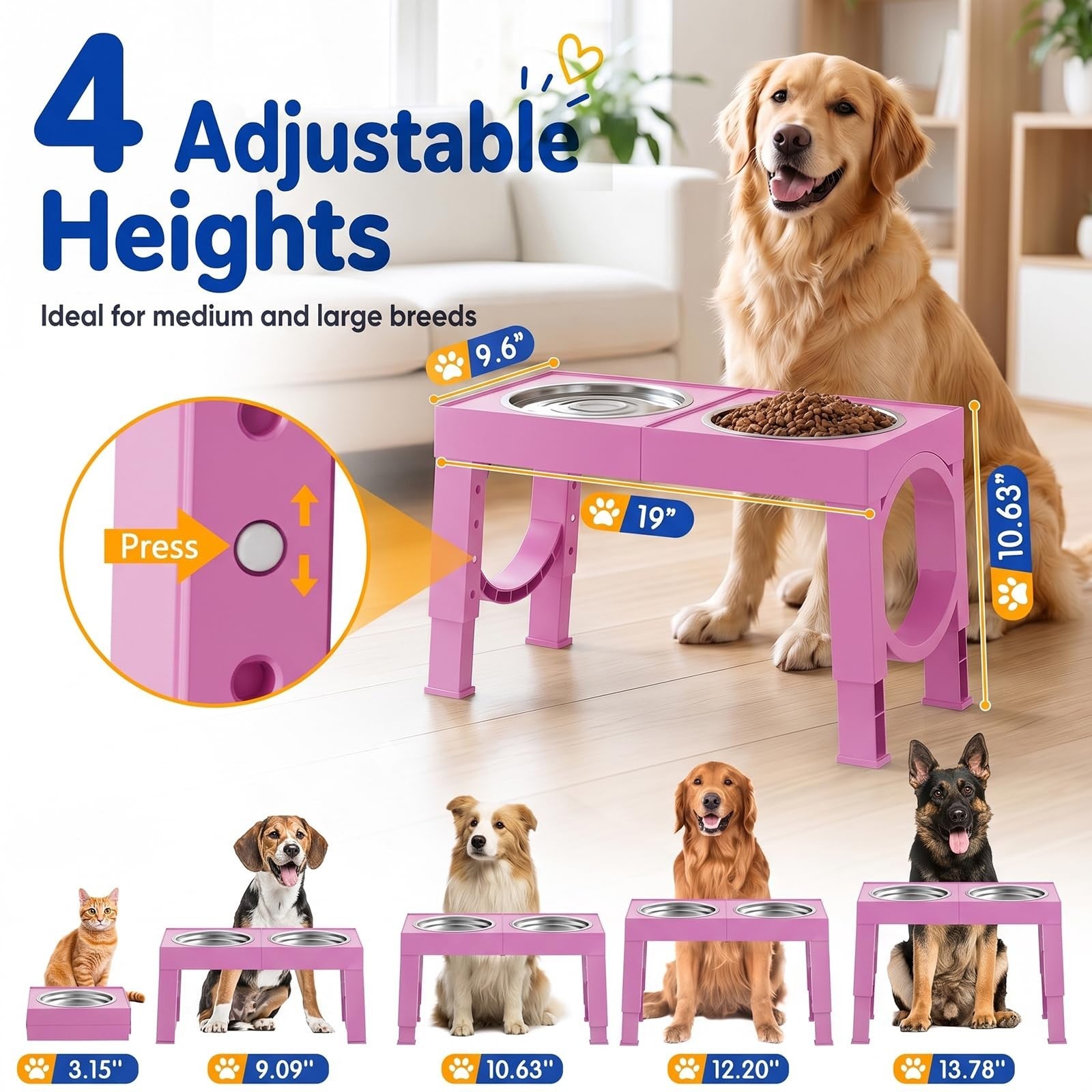 Elevated Dog Bowls for Large Breeds   Adjustable Stainless Steel Feeder Stand, 52