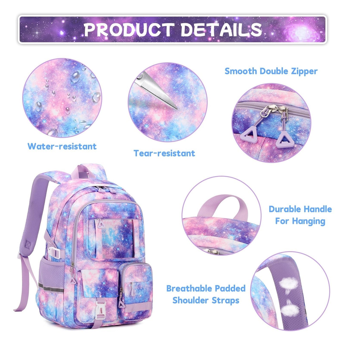 Kawaii 3pcs Kids Backpack Set with Lunch Box - Girls Book Bag for School, Galaxy15