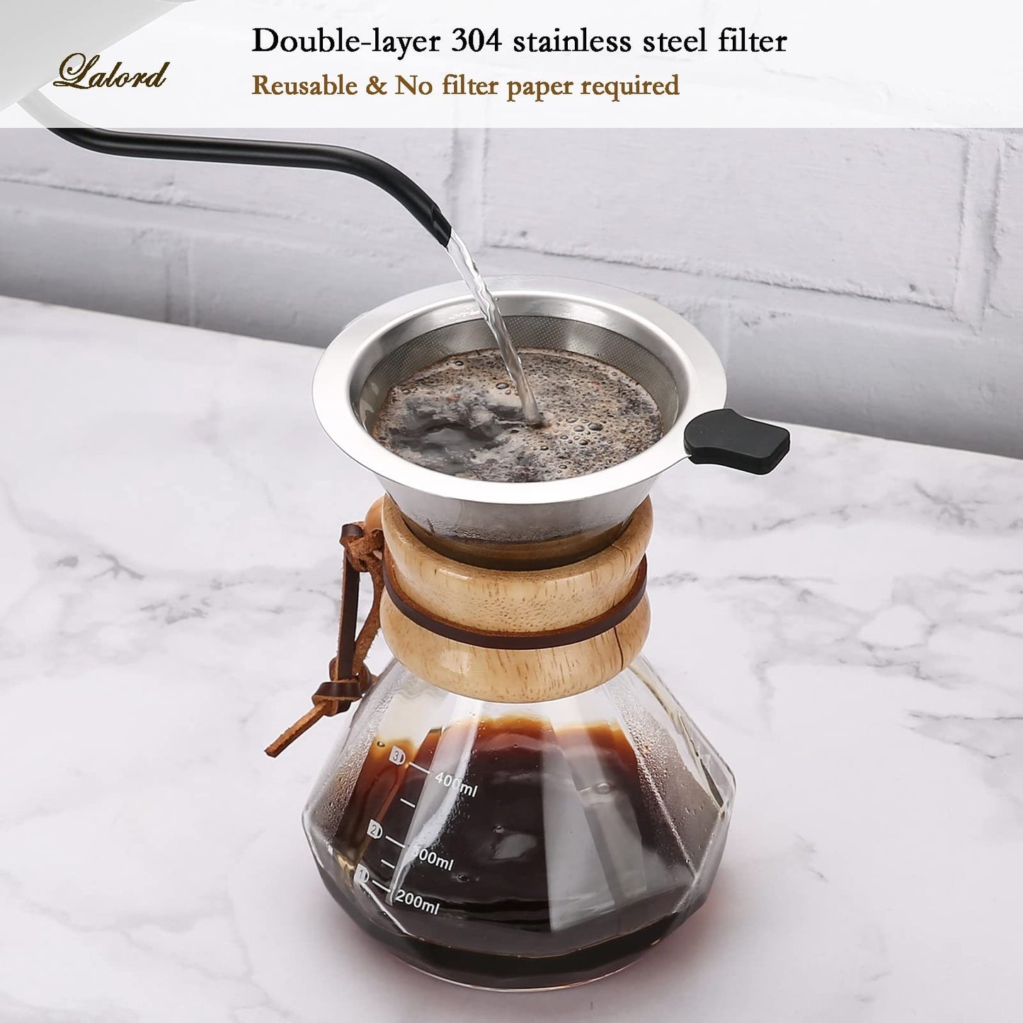Pour Over Coffee Maker with Stainless Steel Filter & Glass Carafe, 2 Cups, 400ml3