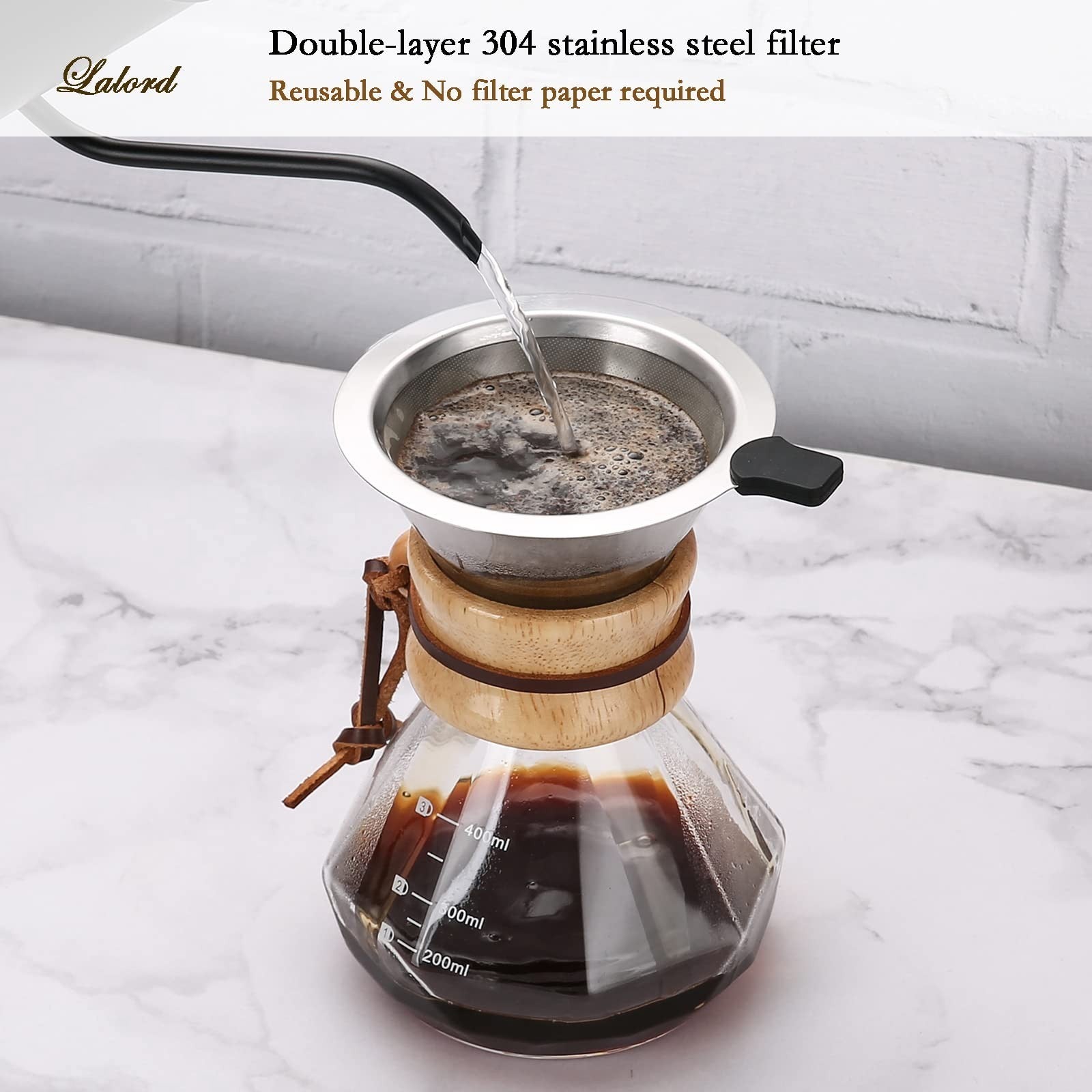 Pour Over Coffee Maker with Stainless Steel Filter & Glass Carafe, 2 Cups, 400ml3