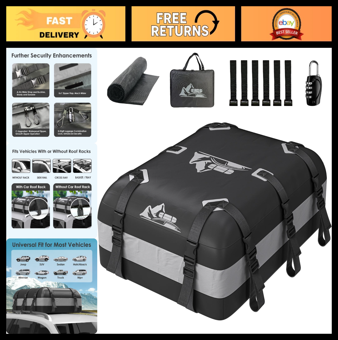 Rooftop Cargo Carrier Bag 15-20 Cu Ft Waterproof Storage for Cars SUV Travel0