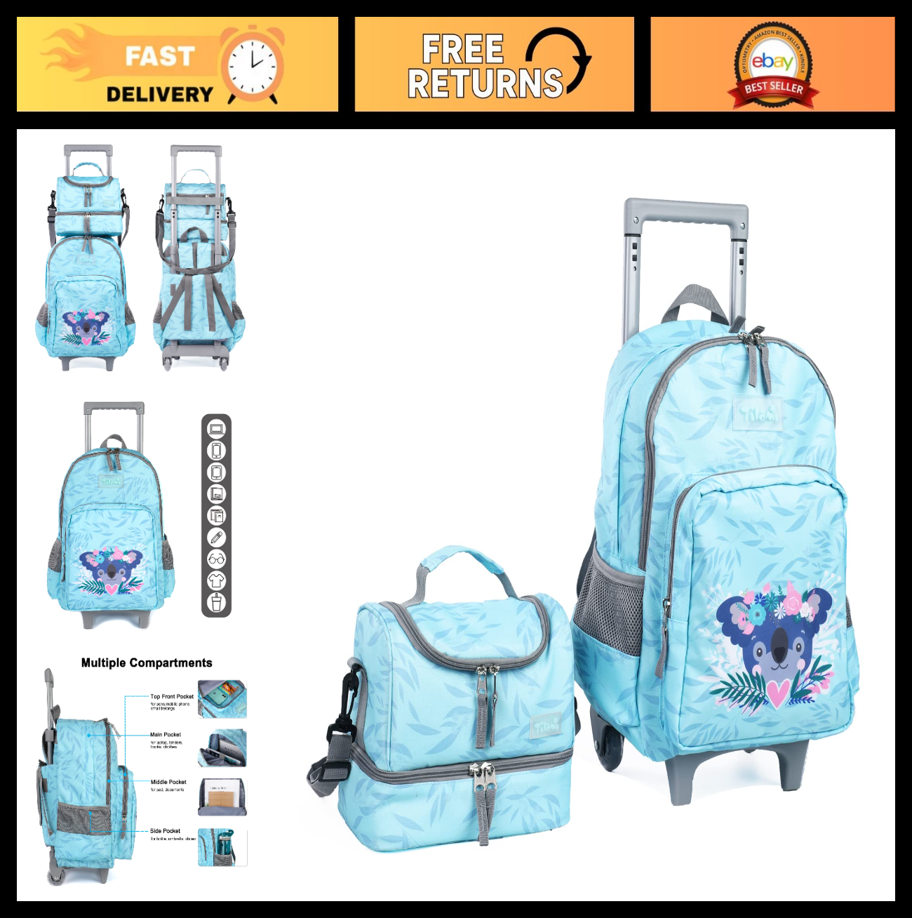 Wheeled Kids Backpack 18" with Lunch Bag, Double Handle, Koala Design for Boys &0