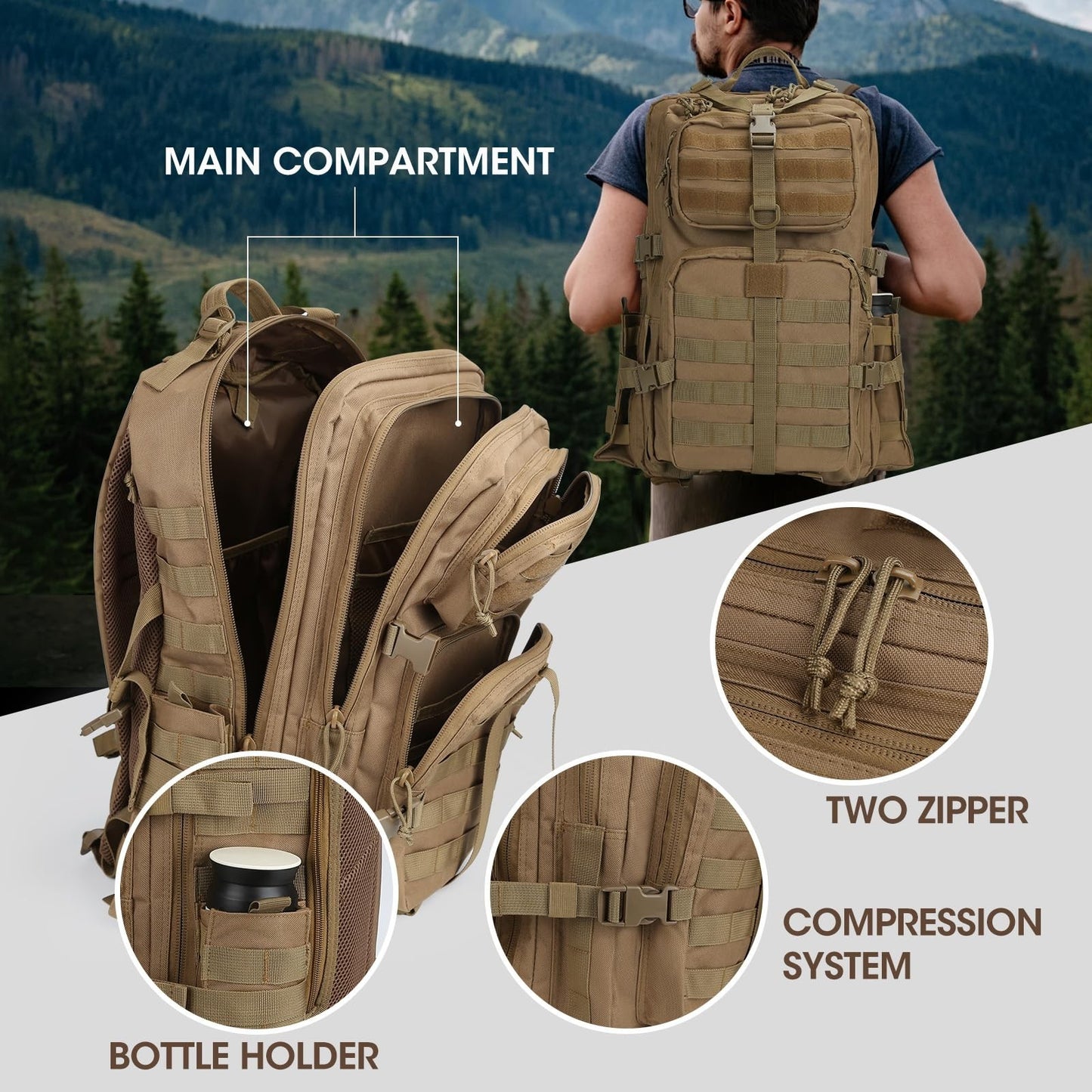 Tactical Military Backpack for Men   3 Day Survival Bag, Outdoor Gear, Tan5