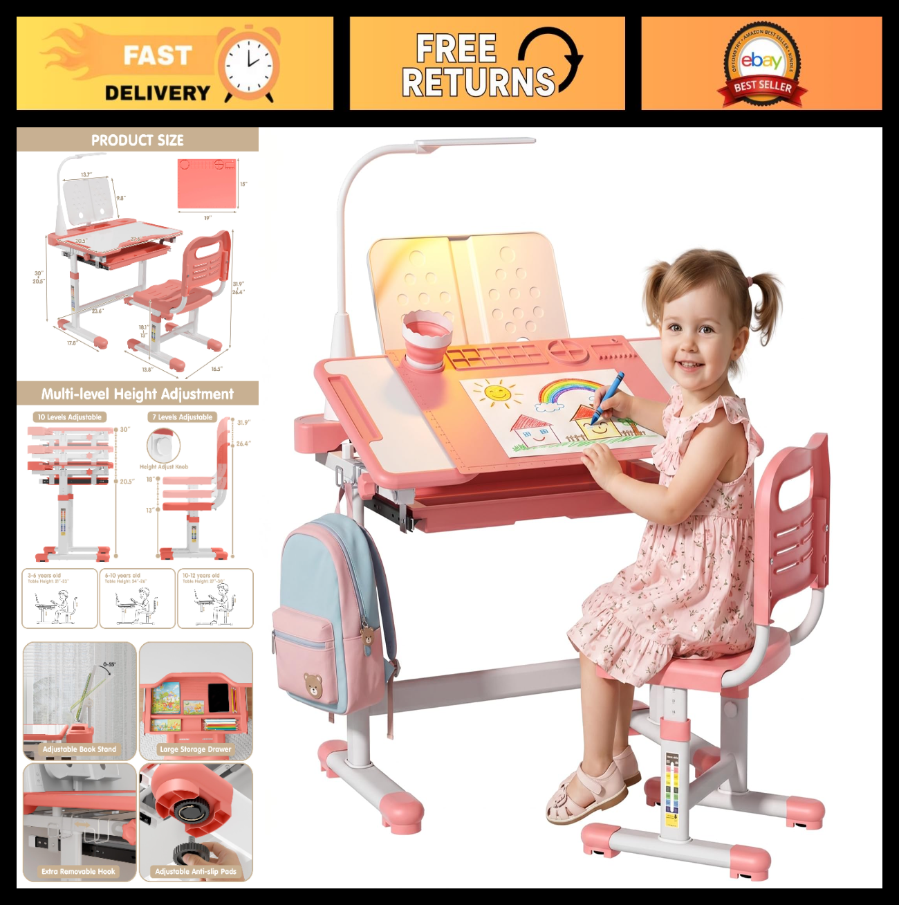 Height Adjustable Kids Desk and Chair Set, Study Table for Ages 3 12, Ergonomic0