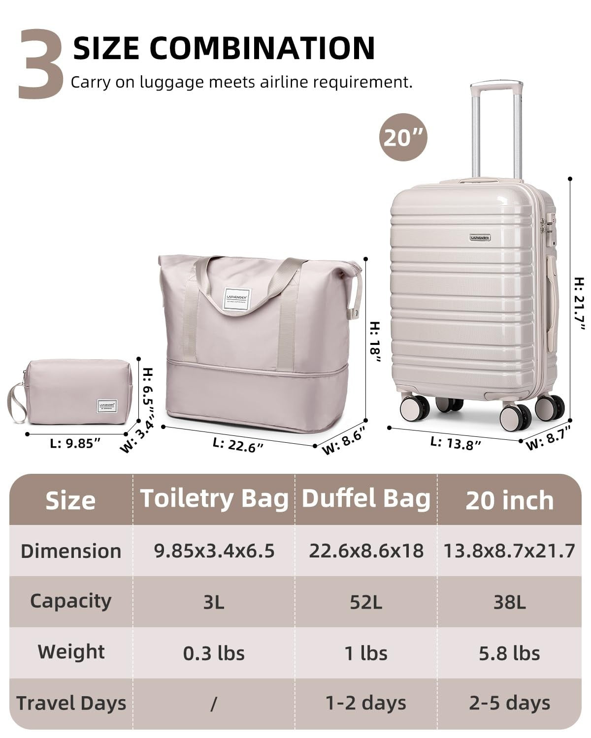 3-Piece Carry-On Luggage Set, 20" Hardshell Suitcase, Lightweight, TSA Lock, Duf4