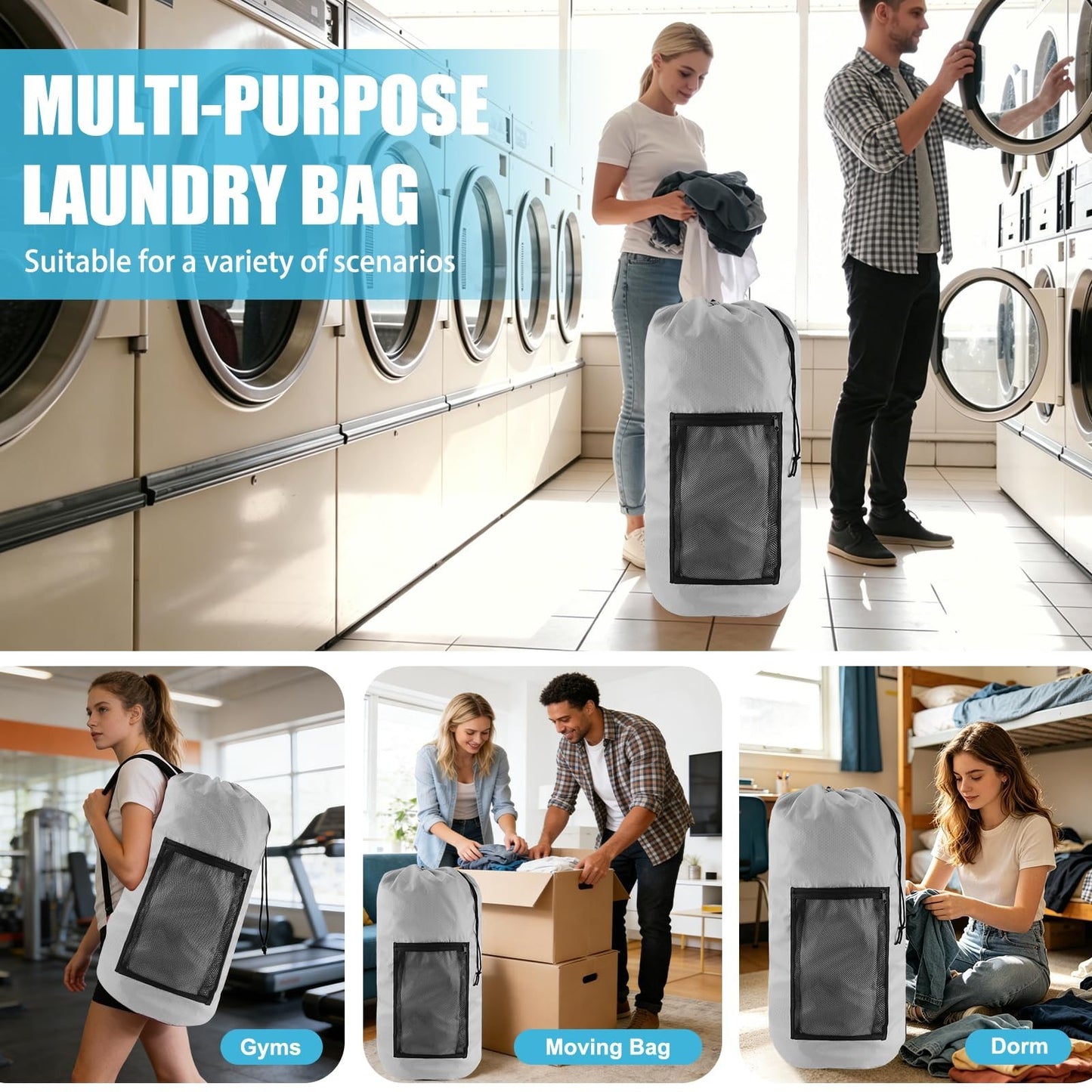 Extra Large Travel Laundry Bag Backpack, 2PCS with Mesh Pocket & Adjustable Stra6