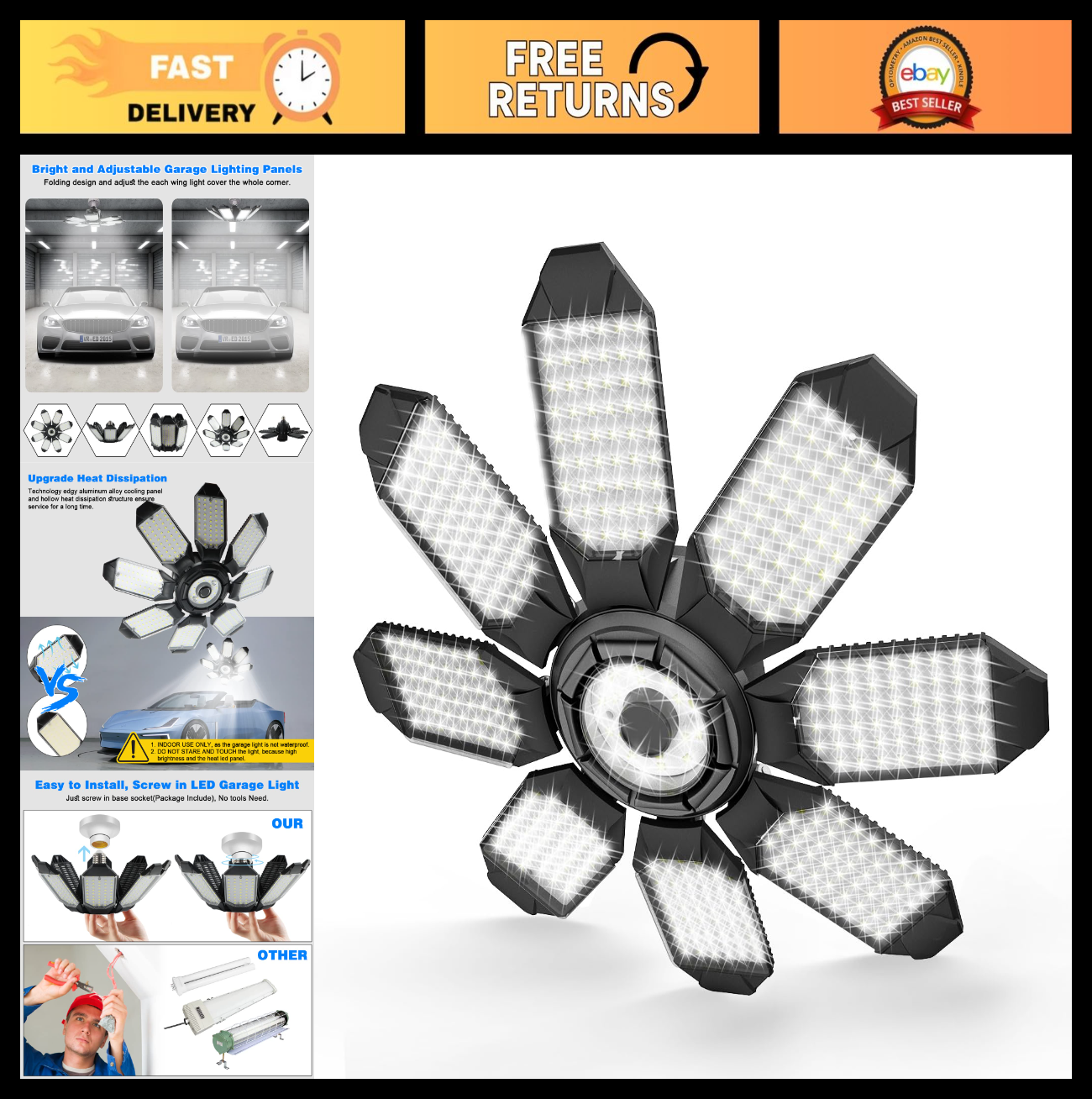 Ultra Bright 20,000LM Garage LED Light | 6500K Daylight, E26/E27, 8 Deformable P0