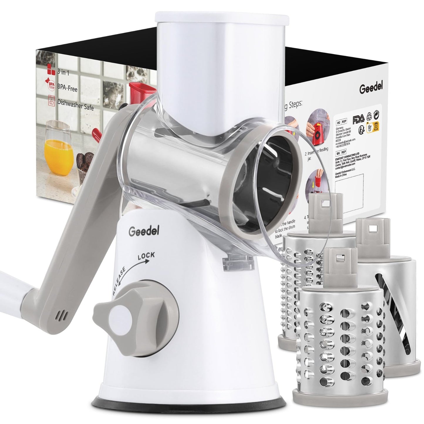 Rotary Cheese Grater & Vegetable Slicer   3 Blades, Stainless Steel, Fast Cuttin1