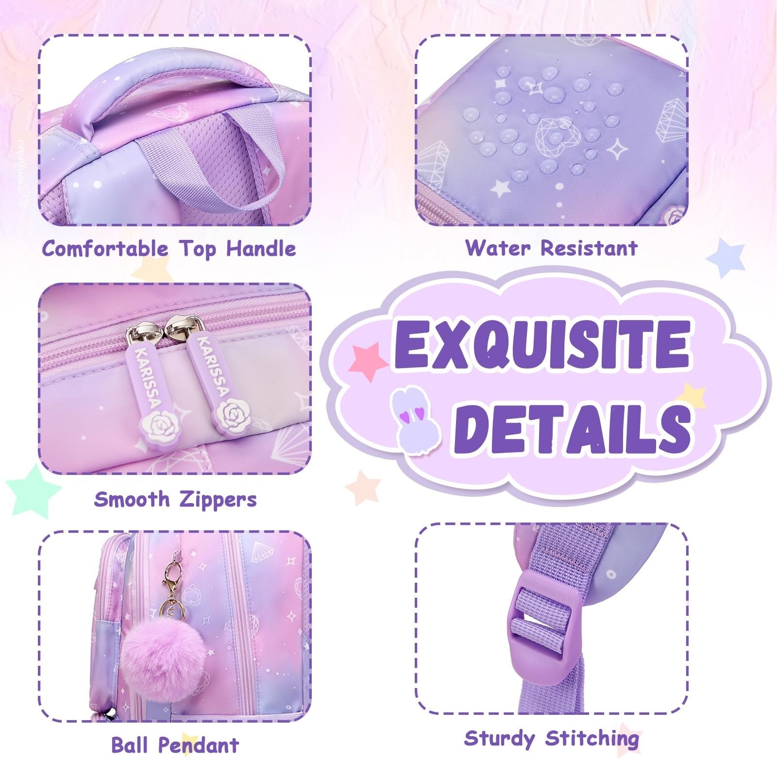 Kawaii Purple Kids Backpack - School Bag for Girls, Middle & Elementary Students7