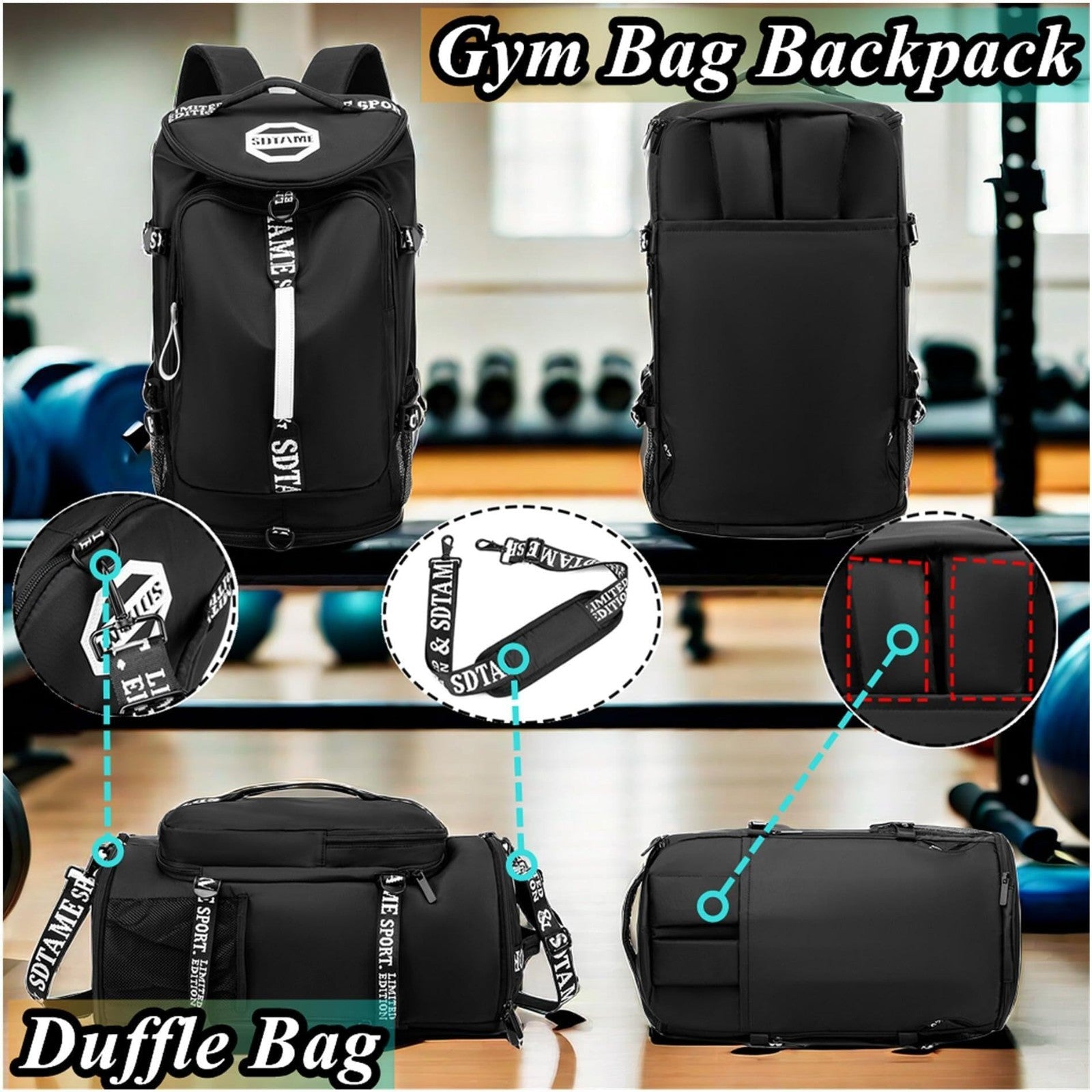 Gym Duffel Backpack with Shoe Pocket, Laptop Sleeve, Waterproof Travel Bag8