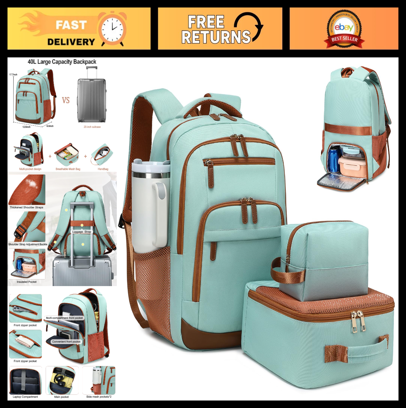 40L Travel Backpack for Men & Women, TSA Approved Carry-On, Fits 17" Laptop, Lig0