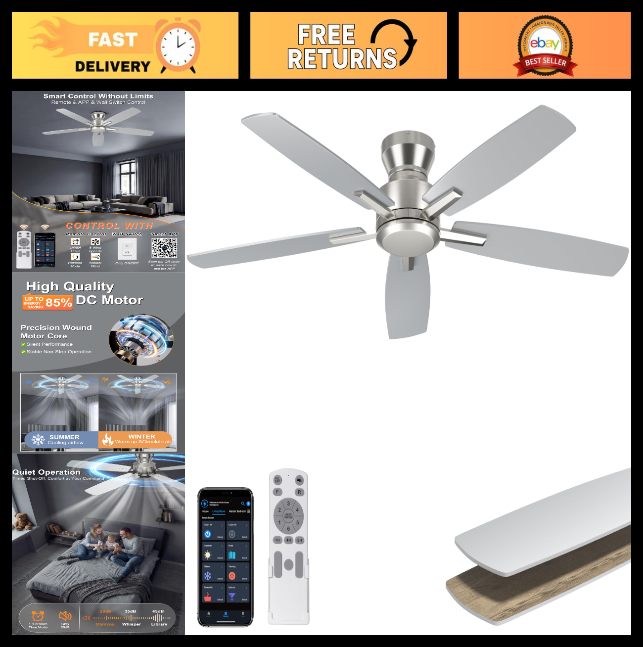 52'' Low Profile Ceiling Fan   No Light, Remote/App Control, Quiet DC Motor, 4580