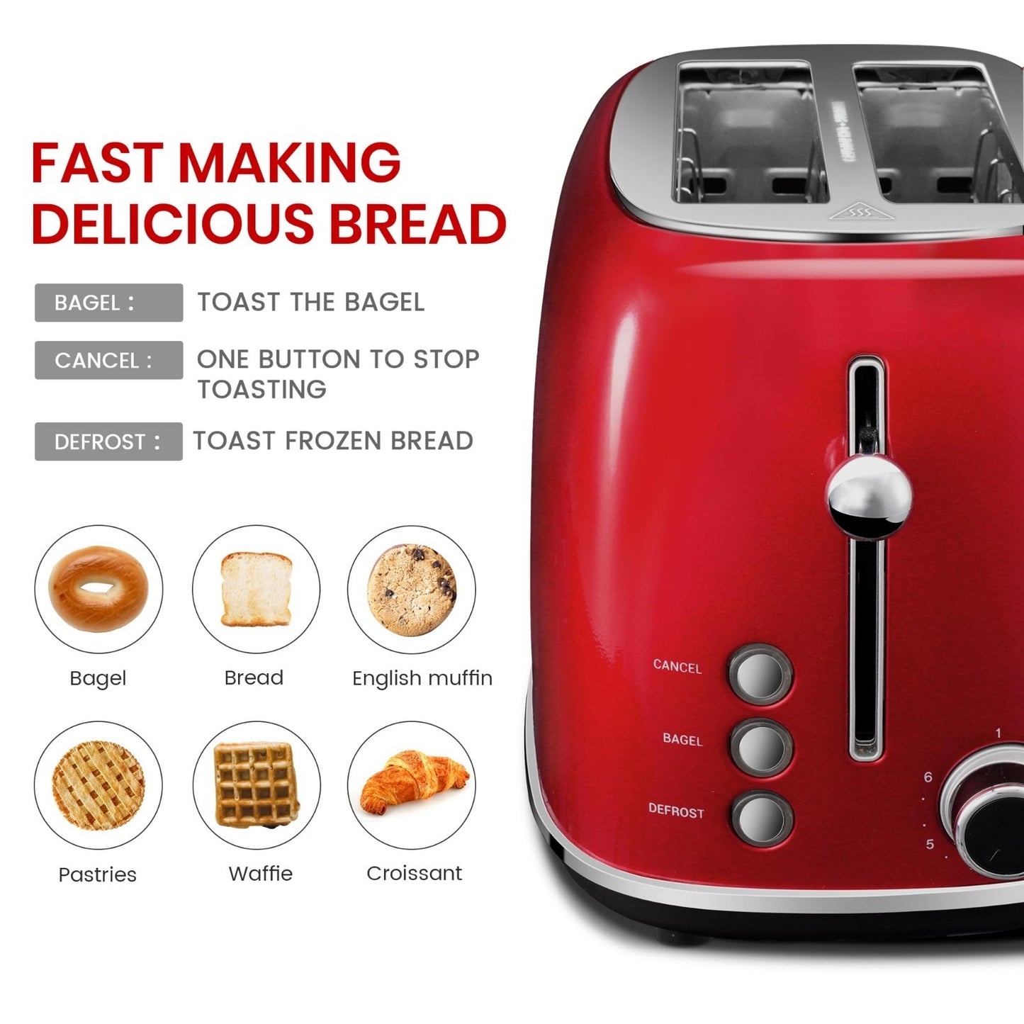 Retro Stainless Steel 2-Slice Toaster with Bagel, Cancel & Defrost Functions, 64