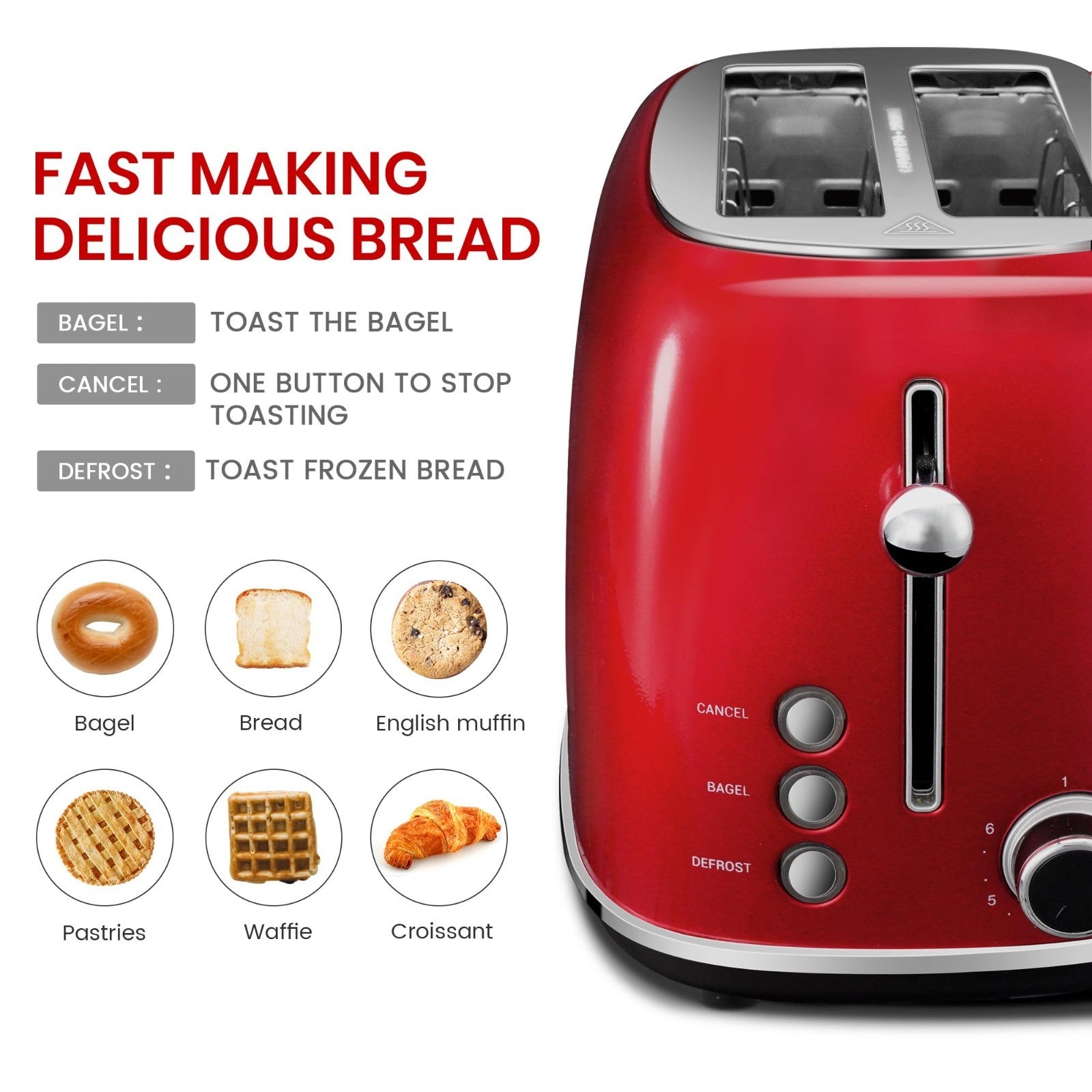 Retro Stainless Steel 2-Slice Toaster with Bagel, Cancel & Defrost Functions, 64