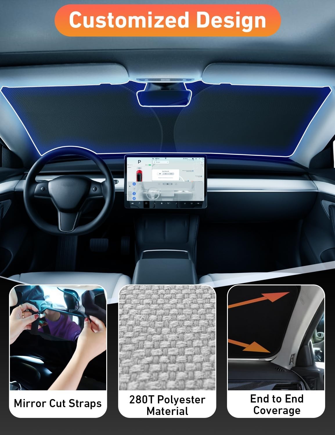 Windshield Sun Shade for Tesla Model 3 & Y 2017 2026, Foldable UV Heat Protector3