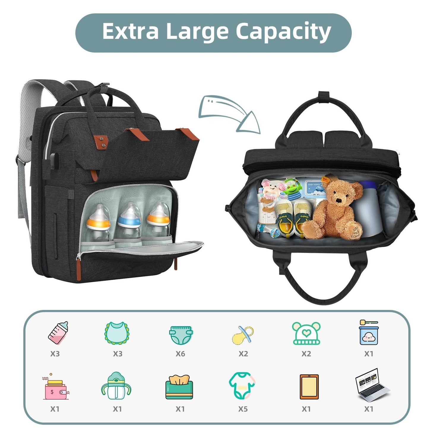 Diaper Bag Backpack with Changing Station, Stylish Baby Bag for Boys   Black3