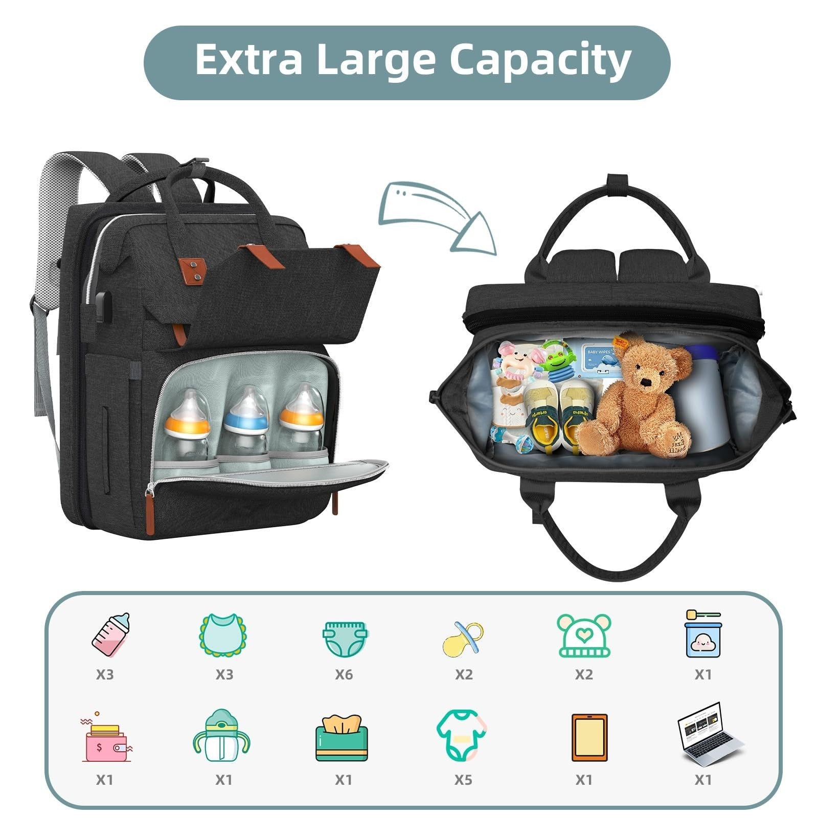 Diaper Bag Backpack with Changing Station, Stylish Baby Bag for Boys   Black3