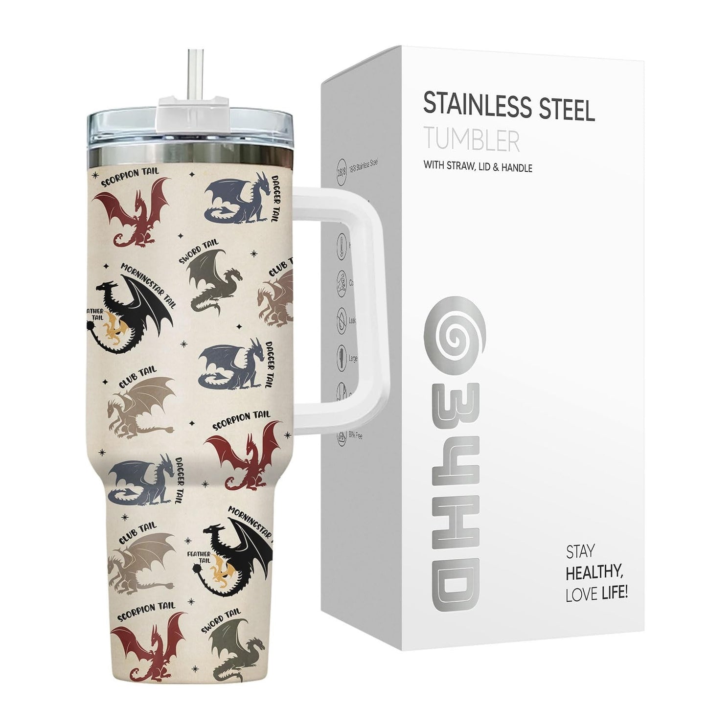 40oz Insulated Tumbler with Handle & Straw   Fantasy Dragon Coffee Mug, Gifts fo5