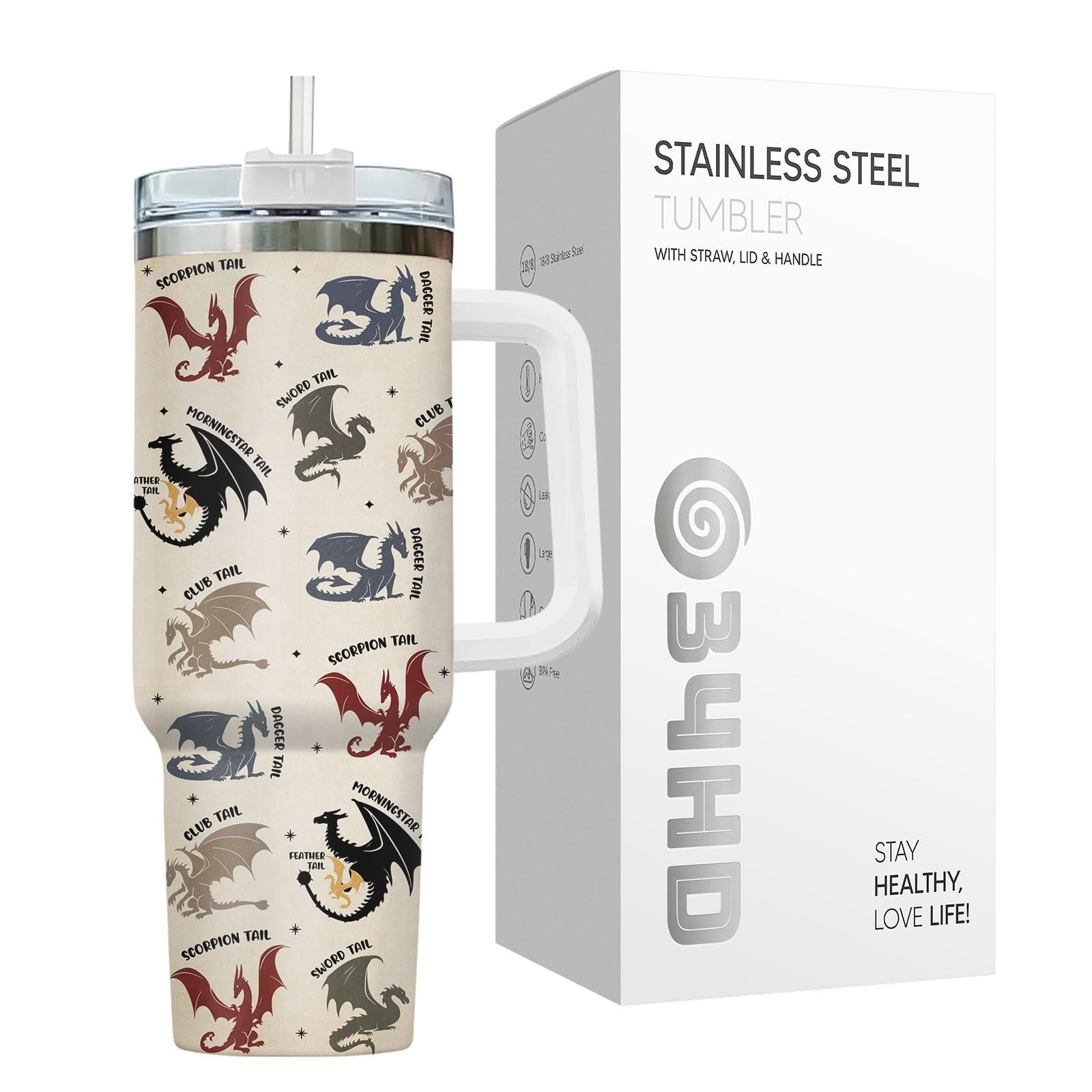 40oz Insulated Tumbler with Handle & Straw   Fantasy Dragon Coffee Mug, Gifts fo5