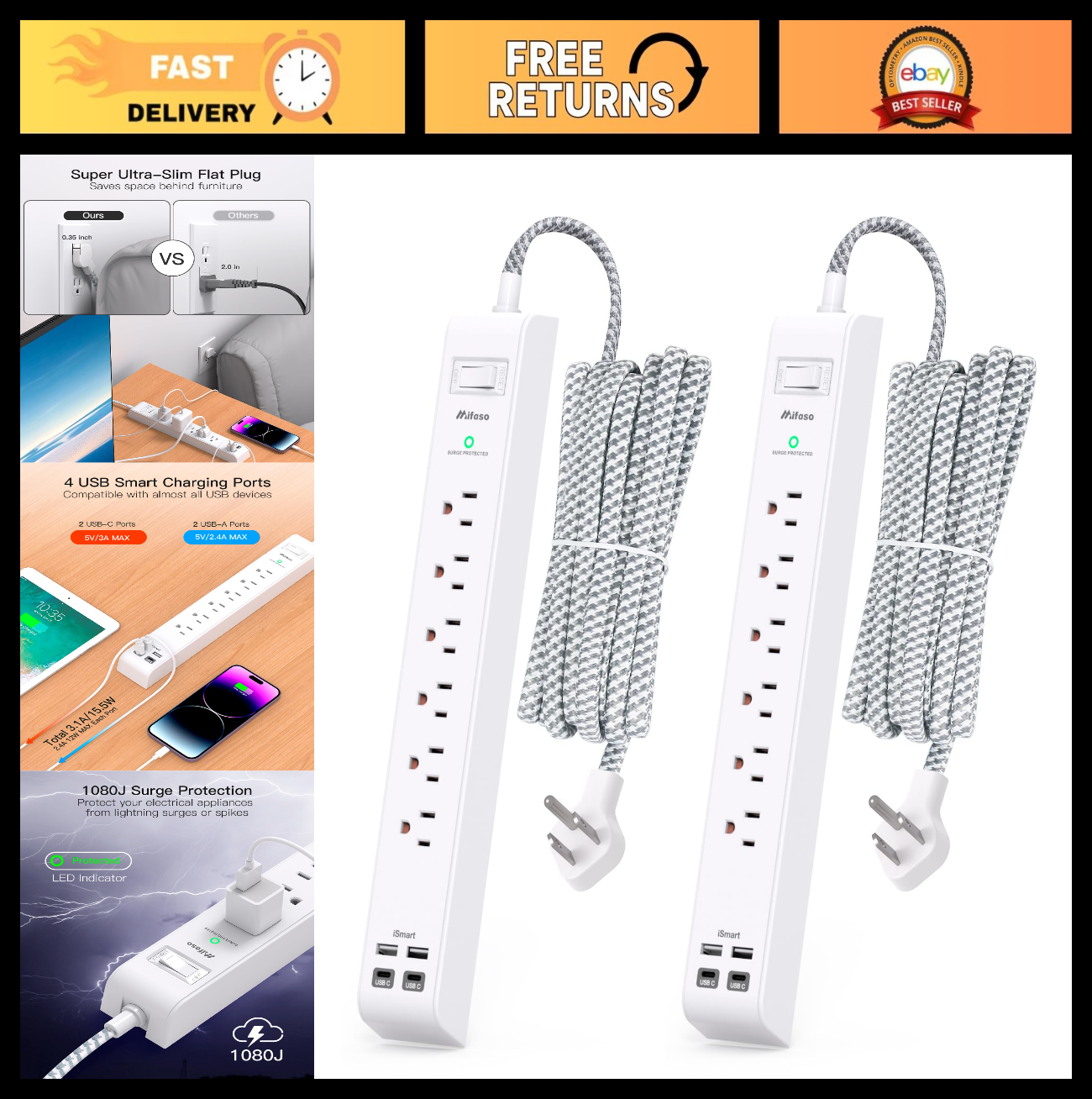 10FT Extension Cord Power Strips   2 Pack, Surge Protection, Heavy Duty, Multi O0
