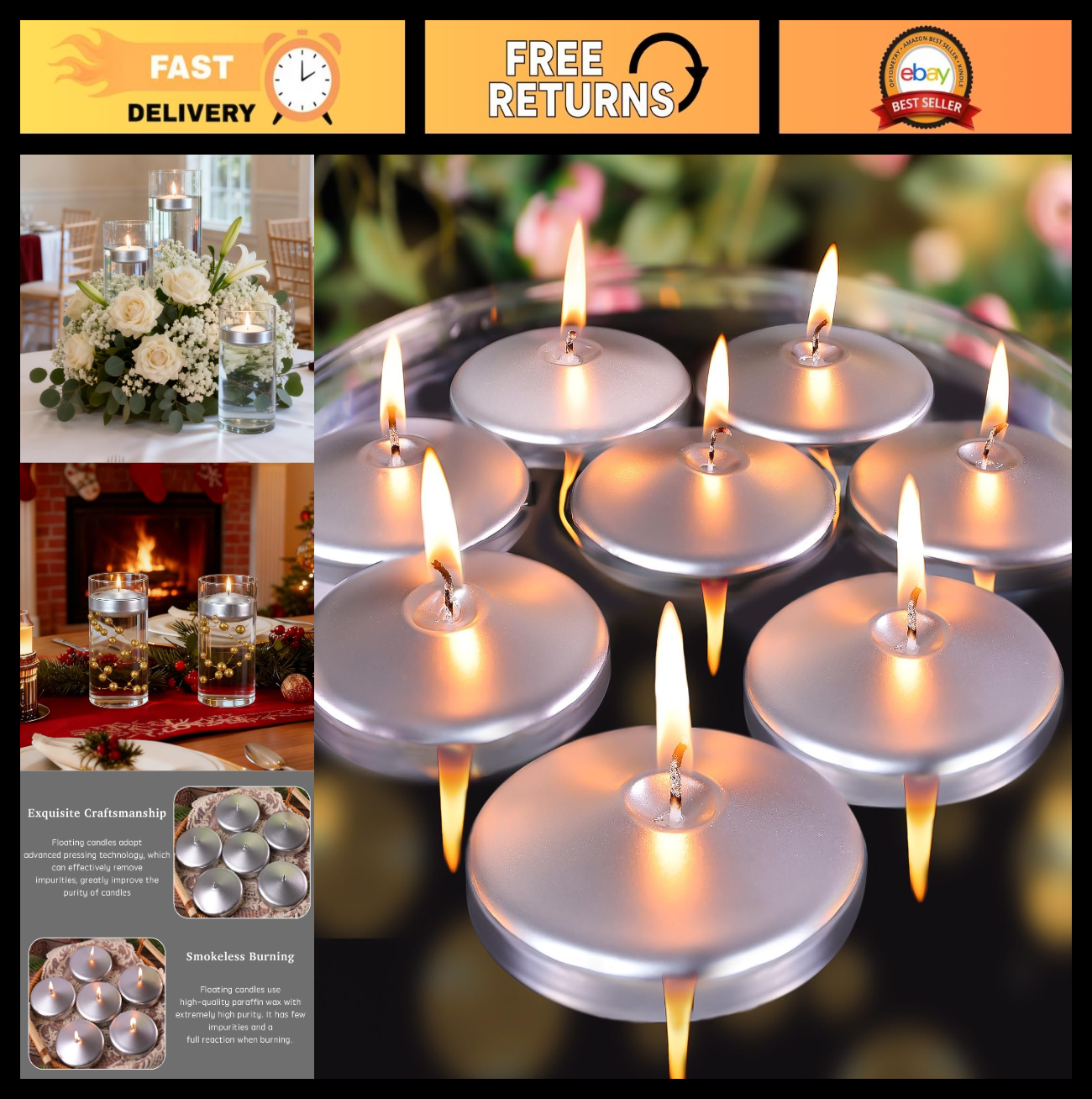 36 Pack 3" Silver Floating Candles - Unscented, 8-9 Hour Burn for Weddings, Part0