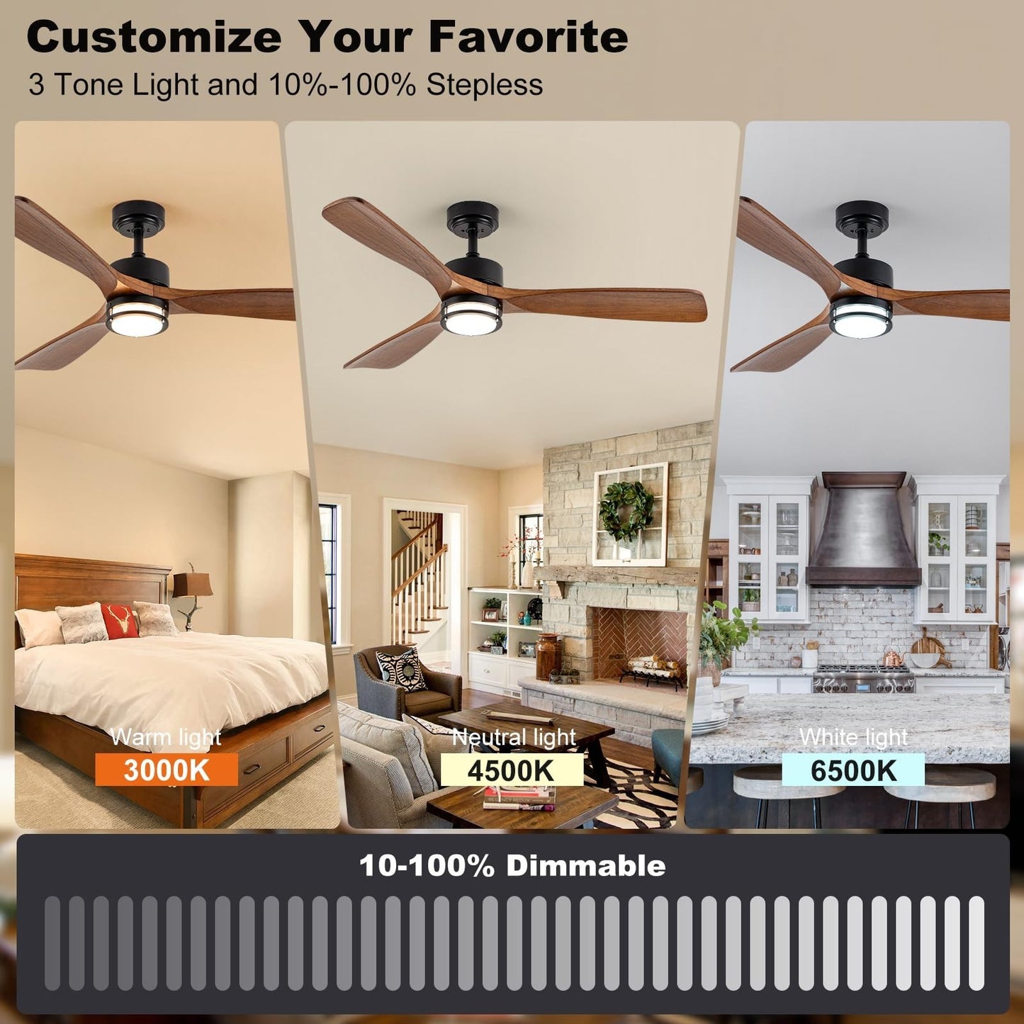 52” Outdoor Ceiling Fan with Light, Walnut Blades, Remote Control, Dimmable LED,2