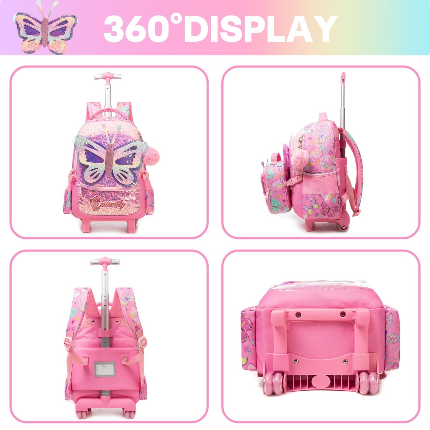 Rolling Backpack for Girls   3 in 1 Wheeled Luggage, Kids Suitcase & Lunch Box  3