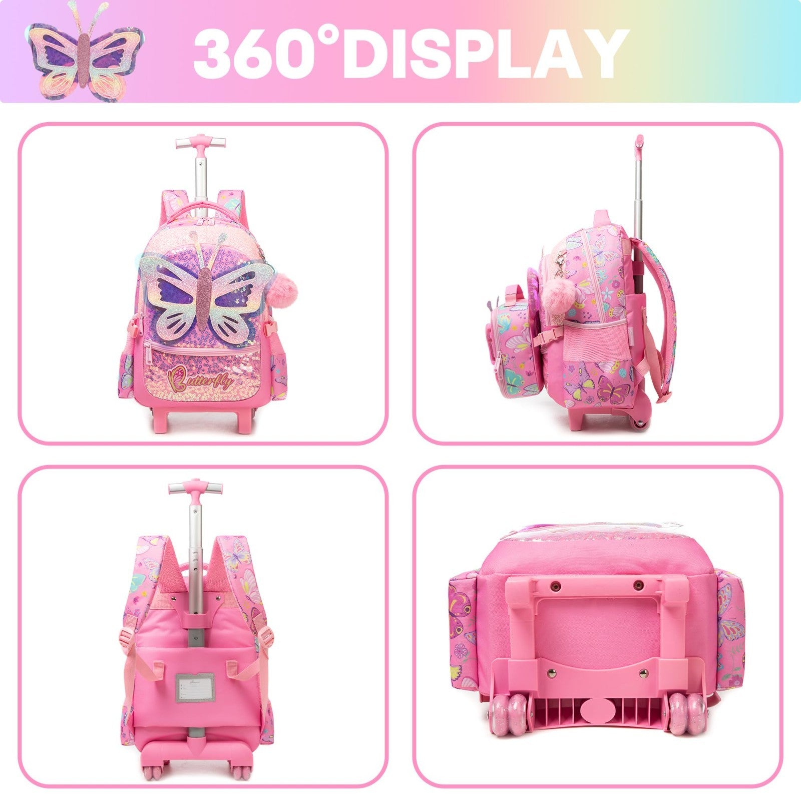 Rolling Backpack for Girls   3 in 1 Wheeled Luggage, Kids Suitcase & Lunch Box  3