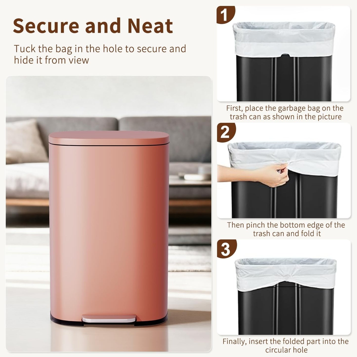 Stainless Steel Kitchen Trash Can with Lid, Removable Inner Bucket, Foot Pedal,5