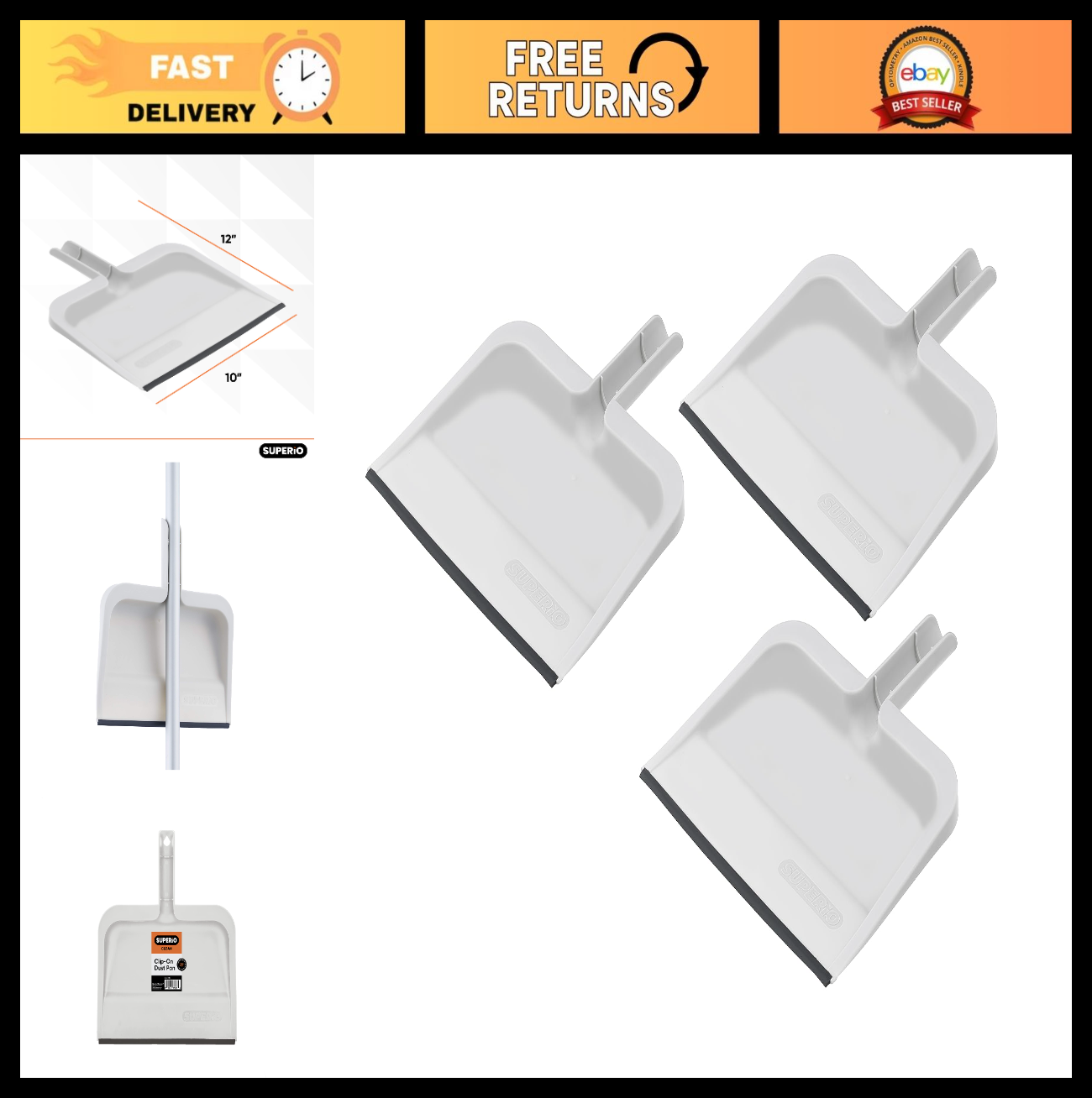 Durable 10" Clip-On Dustpan with Rubber Lip & Comfort Grip Handle - 3-Pack0