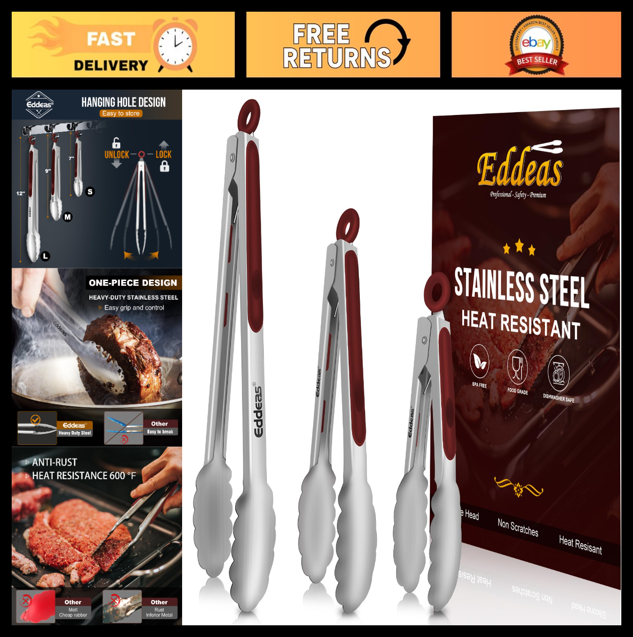 Heat Resistant Stainless Steel Cooking Tongs Set   7", 9", 12" Heavy Duty BBQ To0