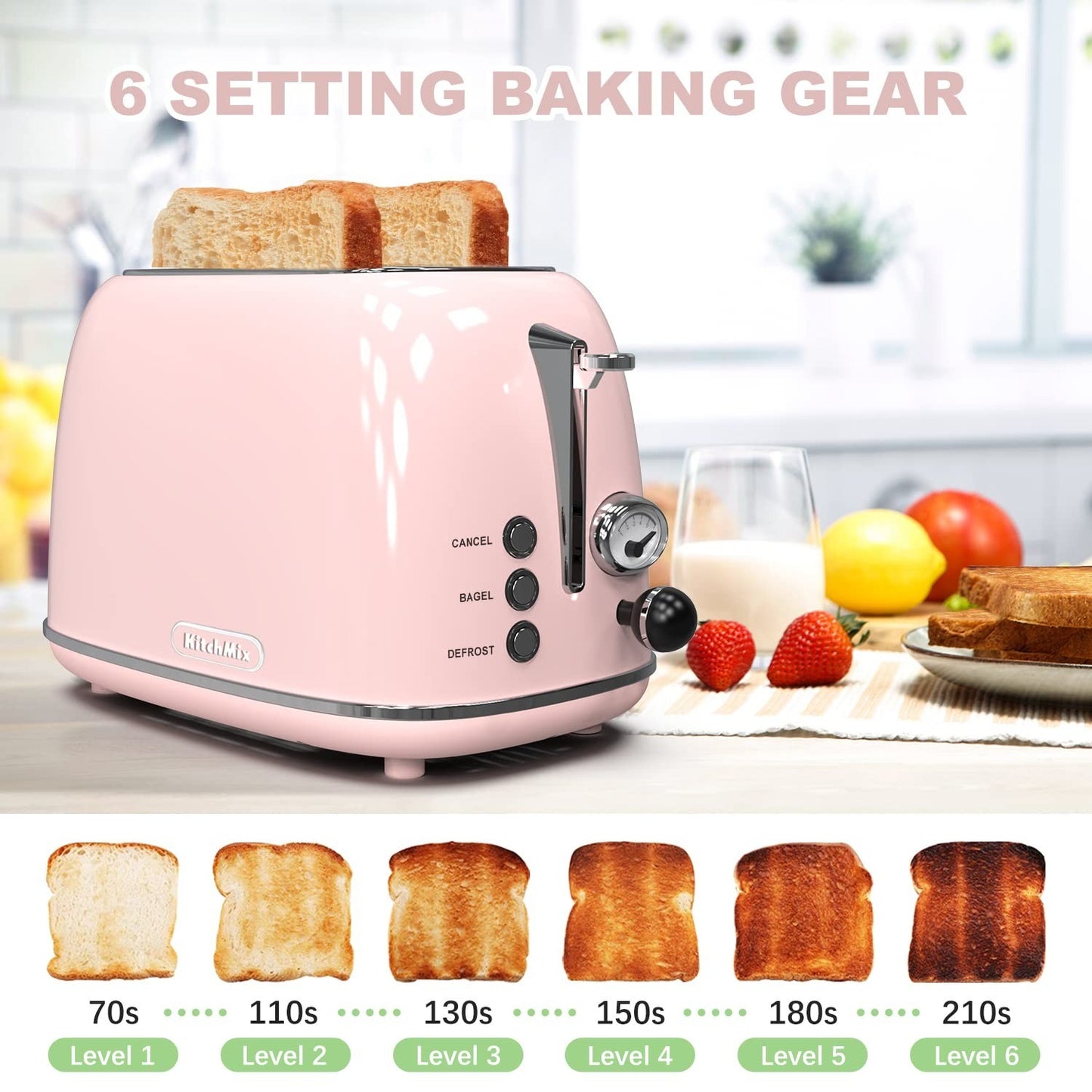 Retro 2 Slice Stainless Steel Toaster   6 Settings, Extra Wide Slots, Bagel/Defr3