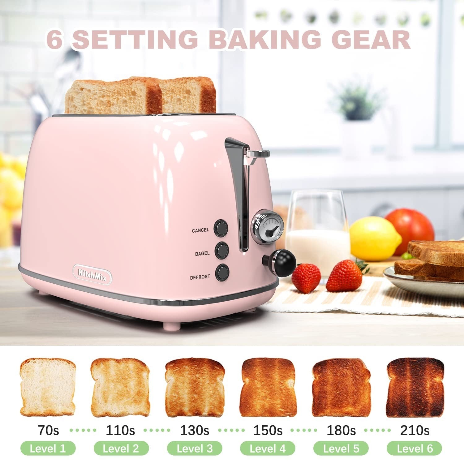 Retro 2 Slice Stainless Steel Toaster   6 Settings, Extra Wide Slots, Bagel/Defr3
