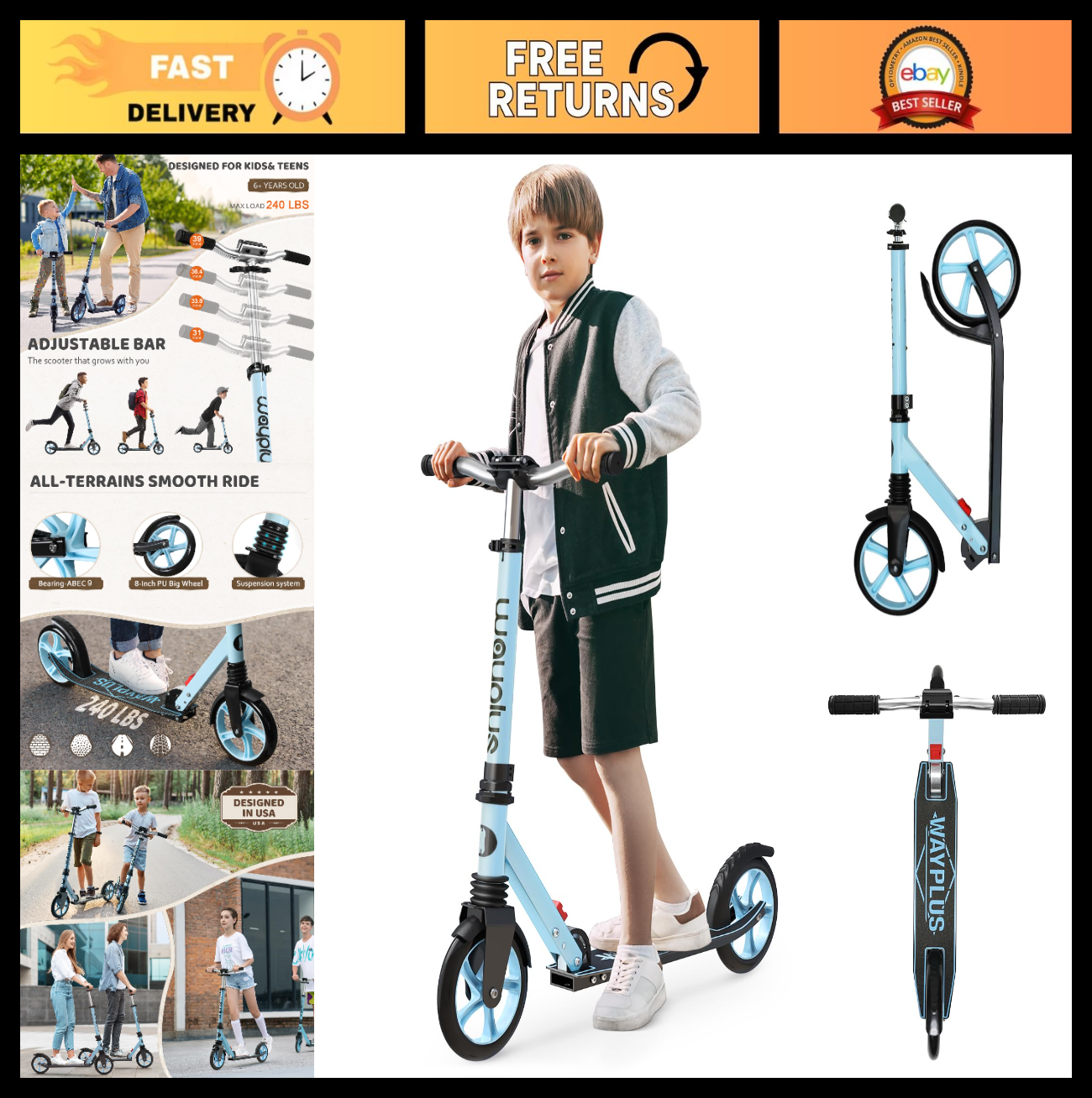 Kick Scooter for Ages 6+, Kids, Teens & Adults - 8" Big Wheels, 240lb Capacity7