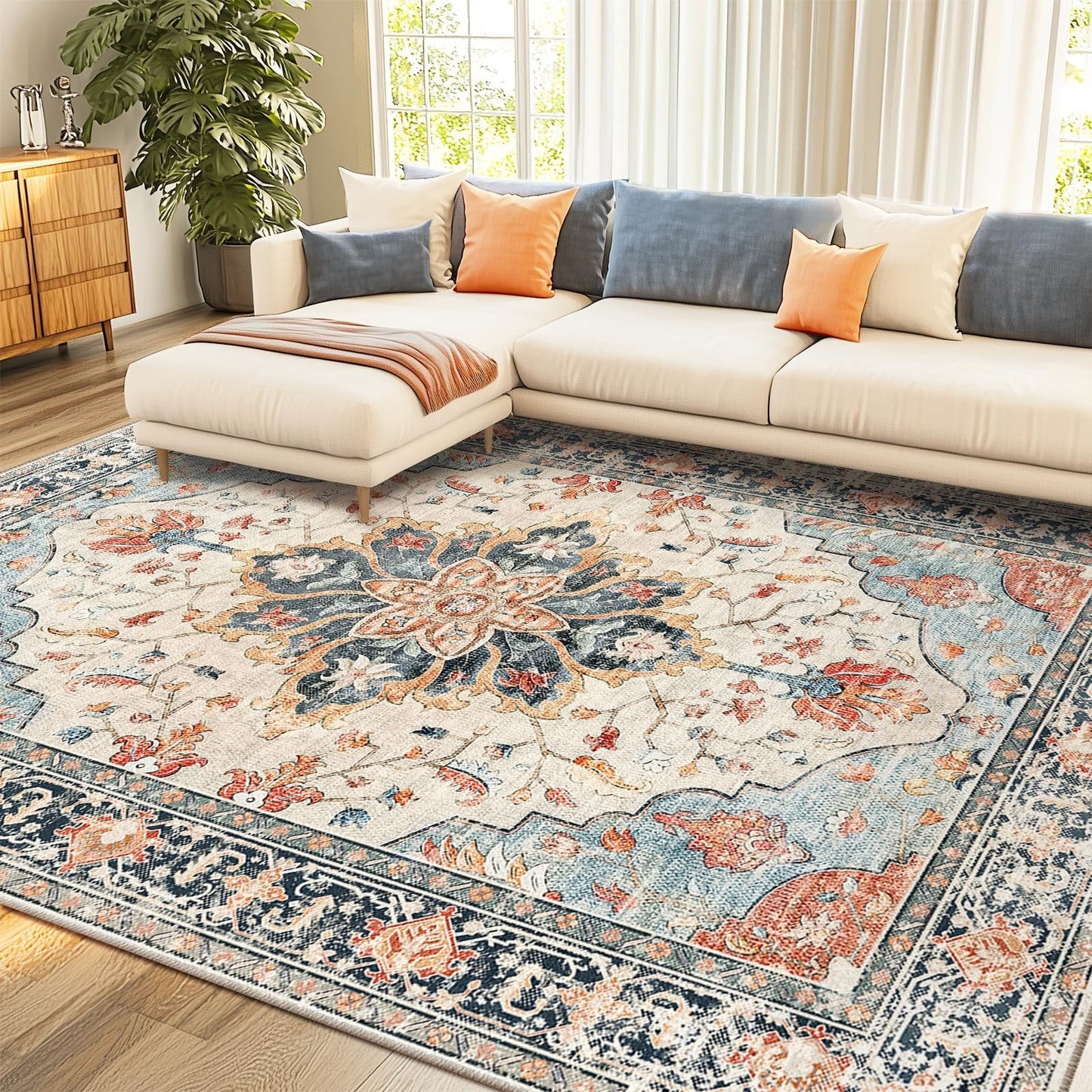 Washable 8'x10' Area Rug   Non Slip, Water Repellent, Pet Friendly, Vintage Flor1