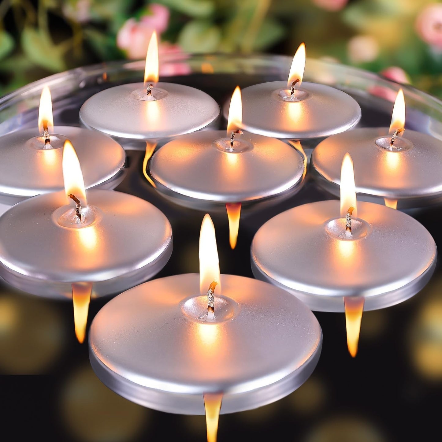 36 Pack 3" Silver Floating Candles - Unscented, 8-9 Hour Burn for Weddings, Part1