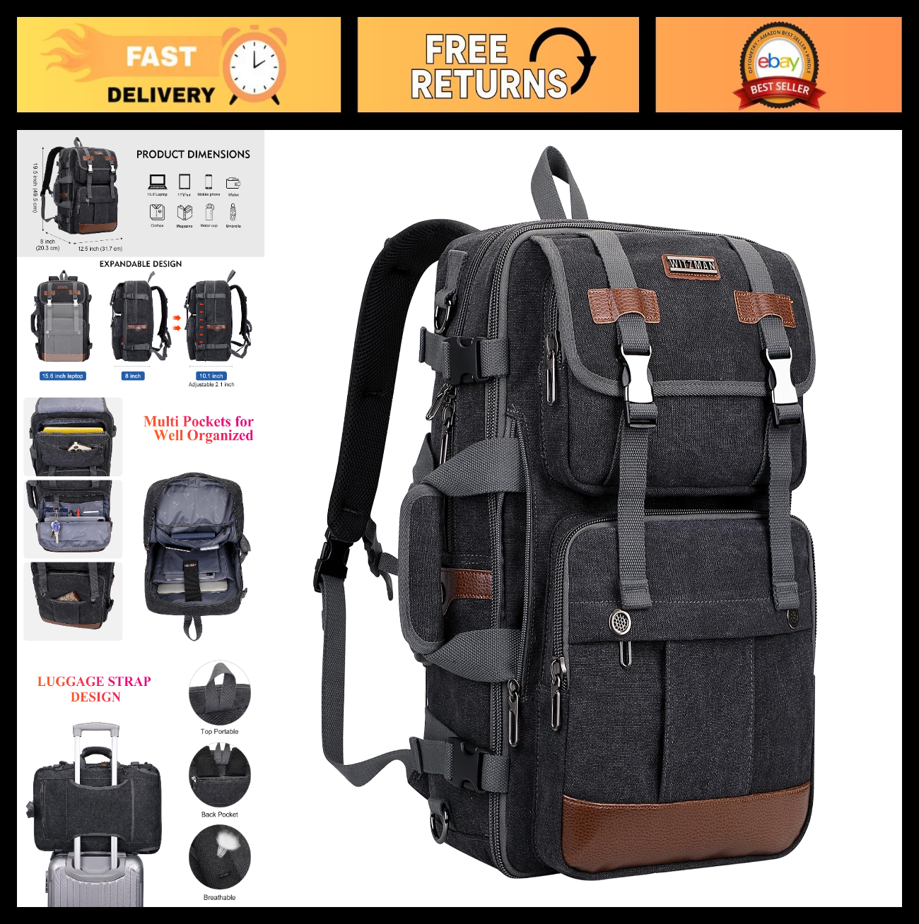 Large Canvas Travel Backpack for Men, 16 Inch Laptop Bag, Durable & Stylish0