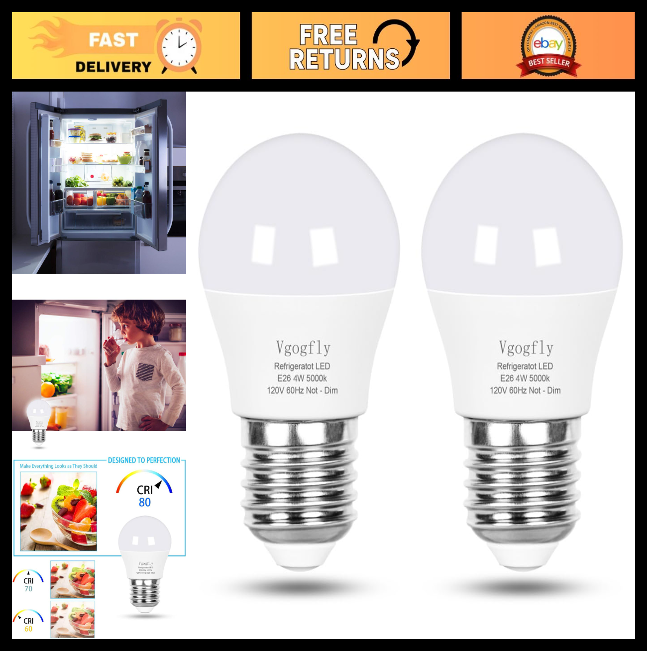 4W Cool White Refrigerator Freezer Bulb   5000K E26 Medium Base Replacement (2 P0