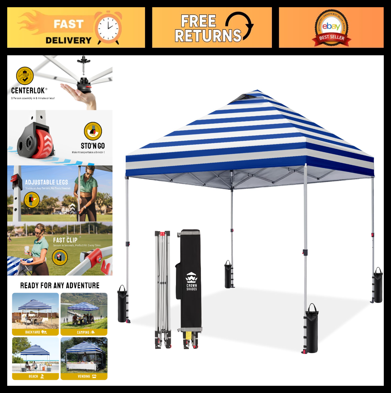 10x10 Pop Up Canopy Tent   Easy Setup, Navy Stripes, Outdoor Sun Shade for Event0