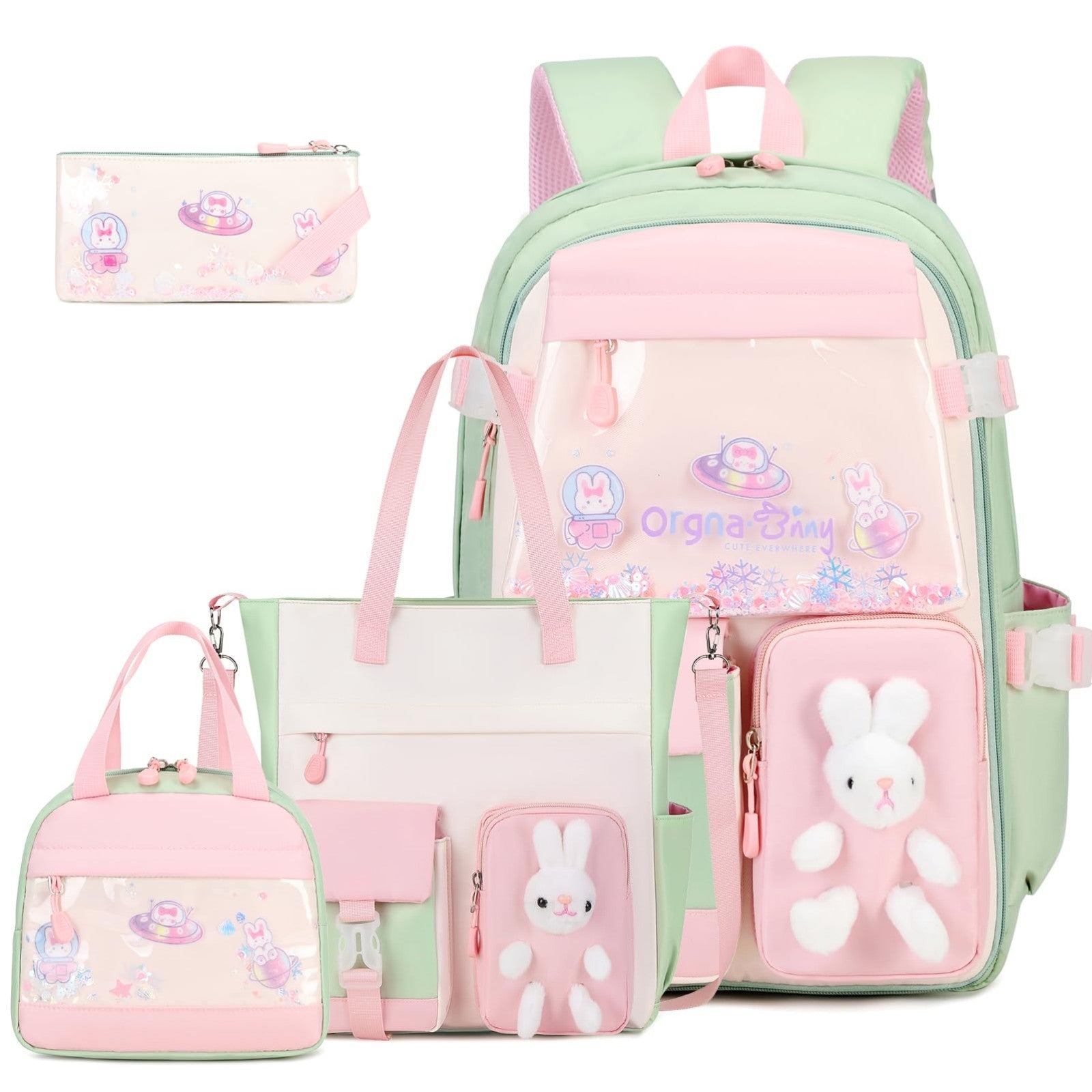 Kawaii Bunny Girls Backpack Set 4PCS   Tote, Lunch Box, Pencil Case   School Bag1